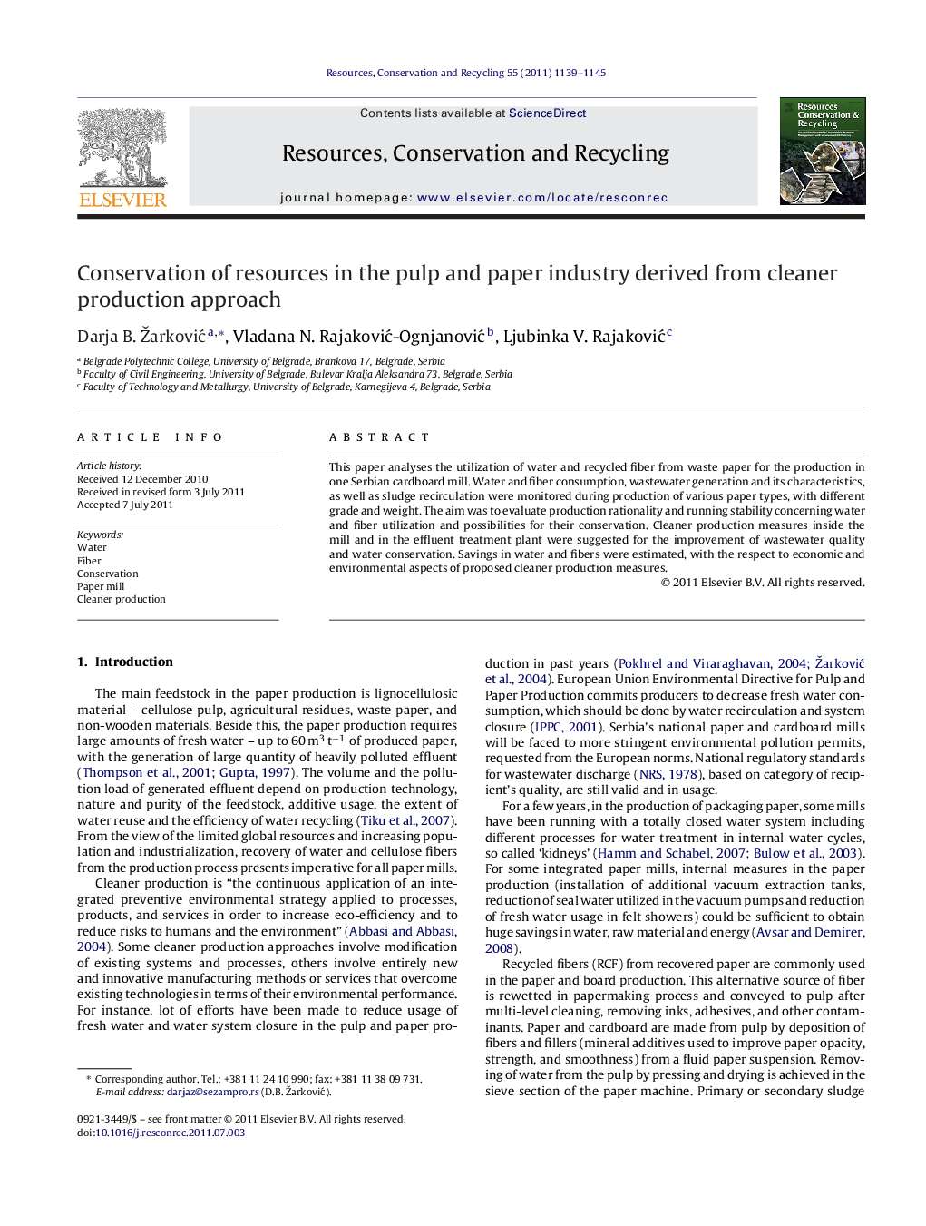 Conservation of resources in the pulp and paper industry derived from cleaner production approach