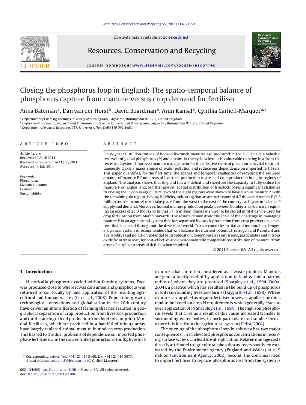 Closing the phosphorus loop in England: The spatio-temporal balance of phosphorus capture from manure versus crop demand for fertiliser