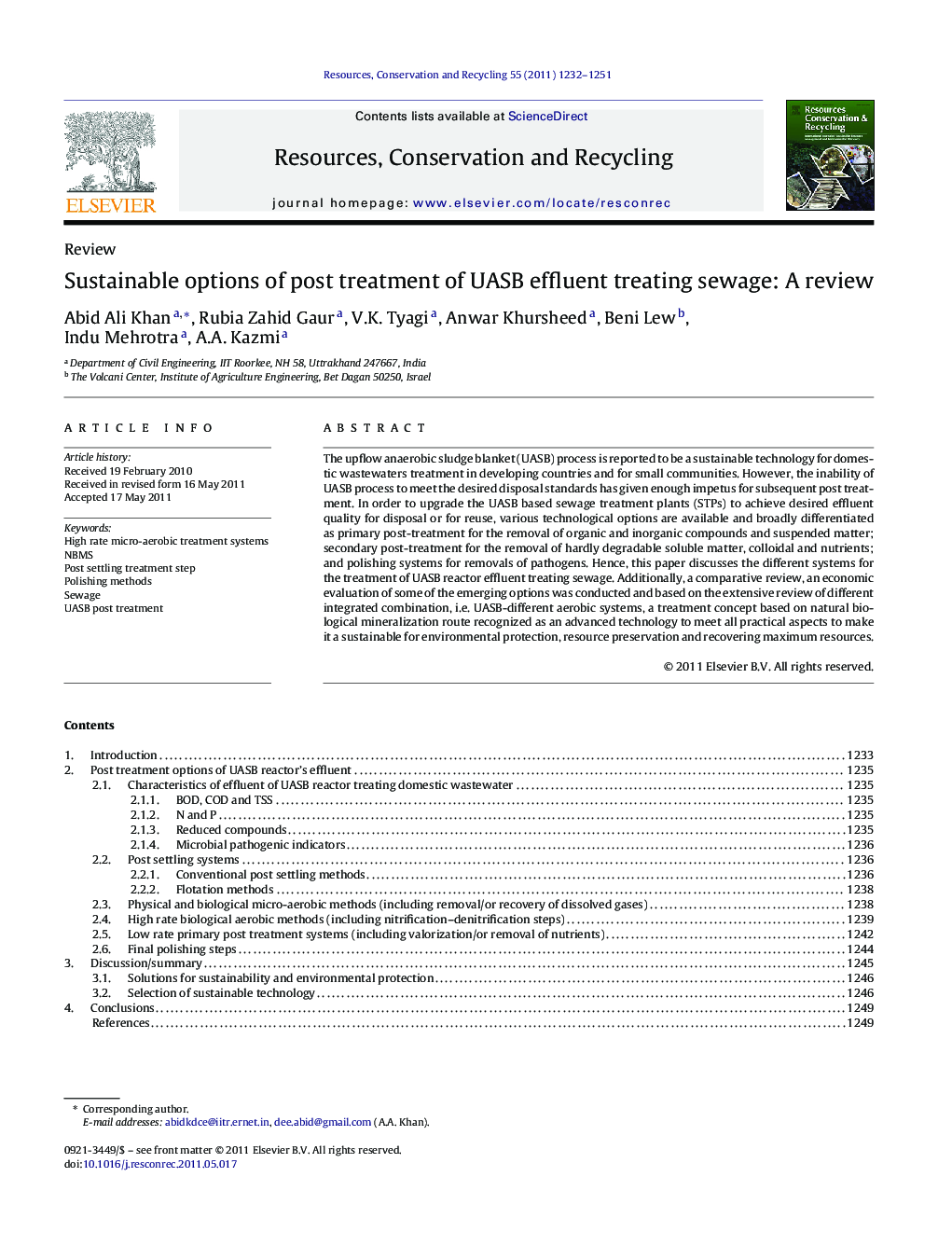 Sustainable options of post treatment of UASB effluent treating sewage: A review