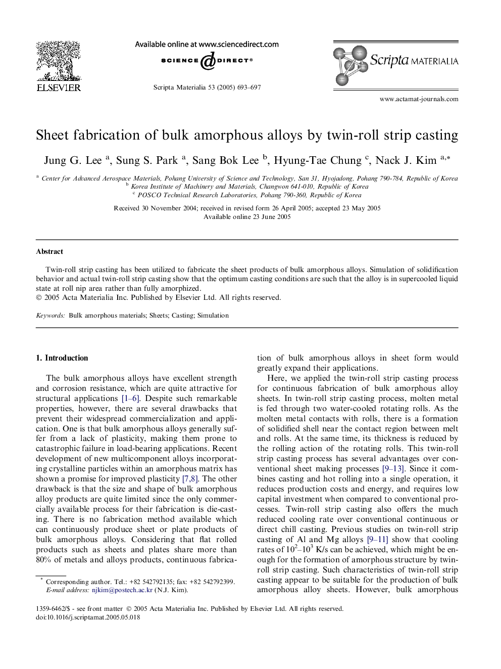 Sheet fabrication of bulk amorphous alloys by twin-roll strip casting