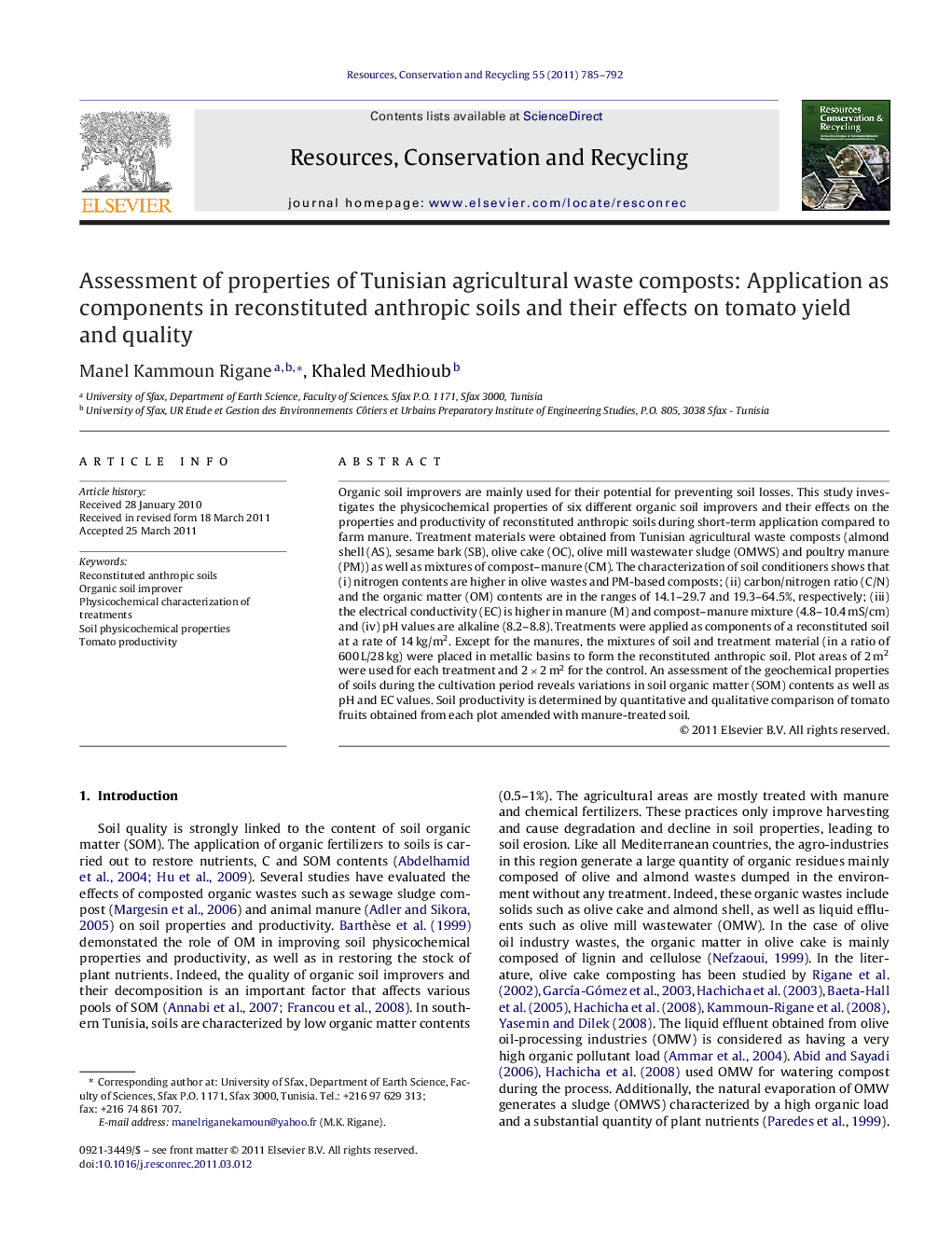 Assessment of properties of Tunisian agricultural waste composts: Application as components in reconstituted anthropic soils and their effects on tomato yield and quality