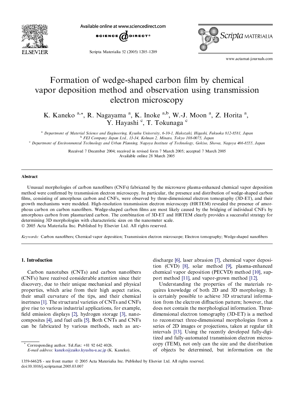 Formation of wedge-shaped carbon film by chemical vapor deposition method and observation using transmission electron microscopy