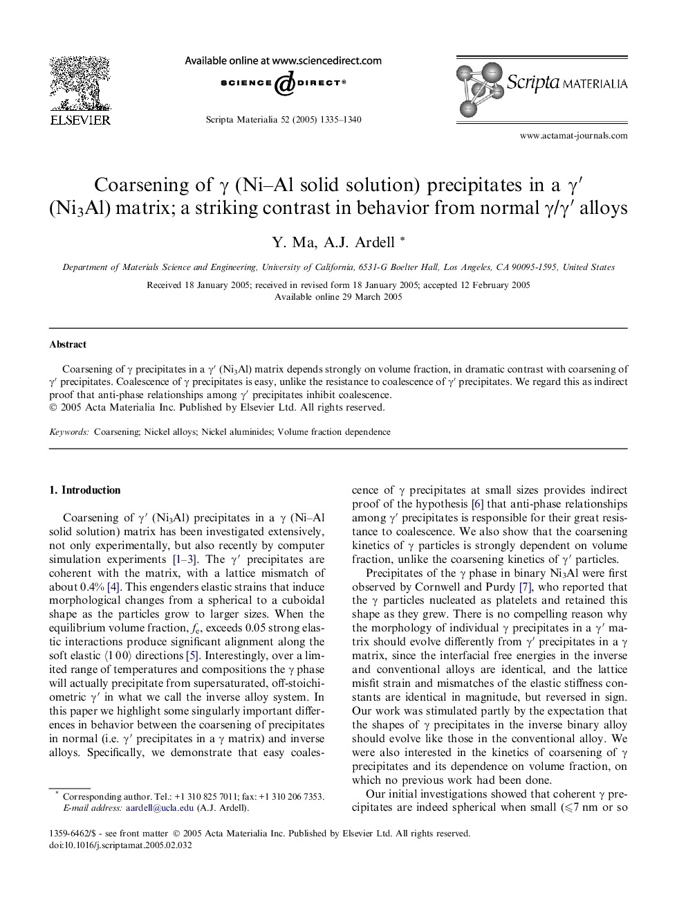 Coarsening of Î³ (Ni-Al solid solution) precipitates in a Î³â² (Ni3Al) matrix; a striking contrast in behavior from normal Î³/Î³â² alloys