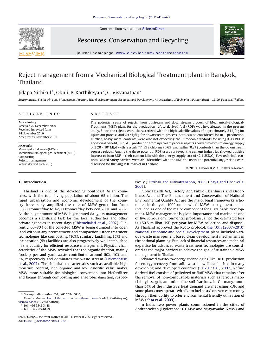 Reject management from a Mechanical Biological Treatment plant in Bangkok, Thailand