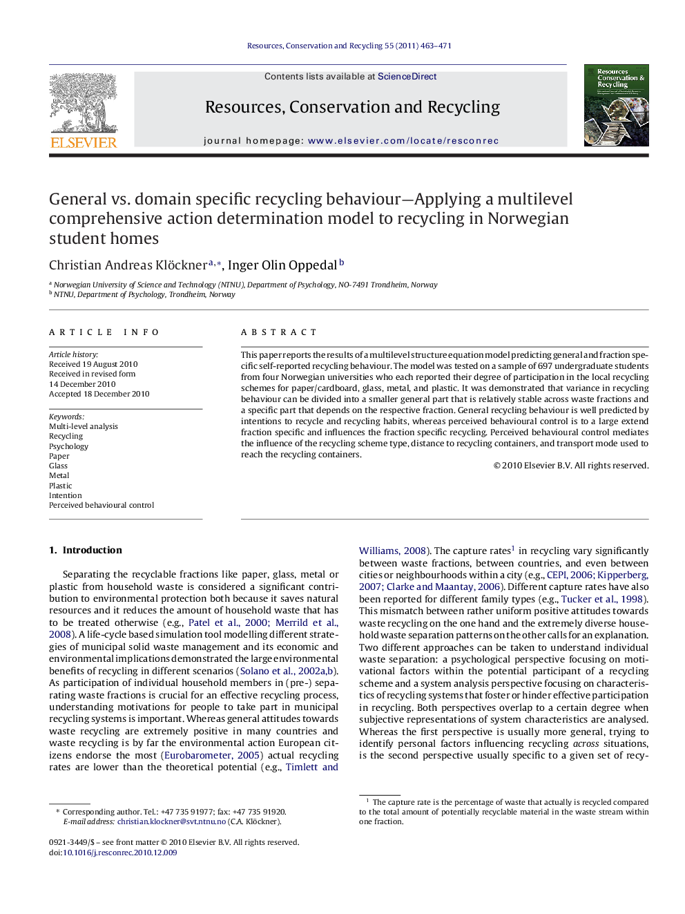 General vs. domain specific recycling behaviour—Applying a multilevel comprehensive action determination model to recycling in Norwegian student homes