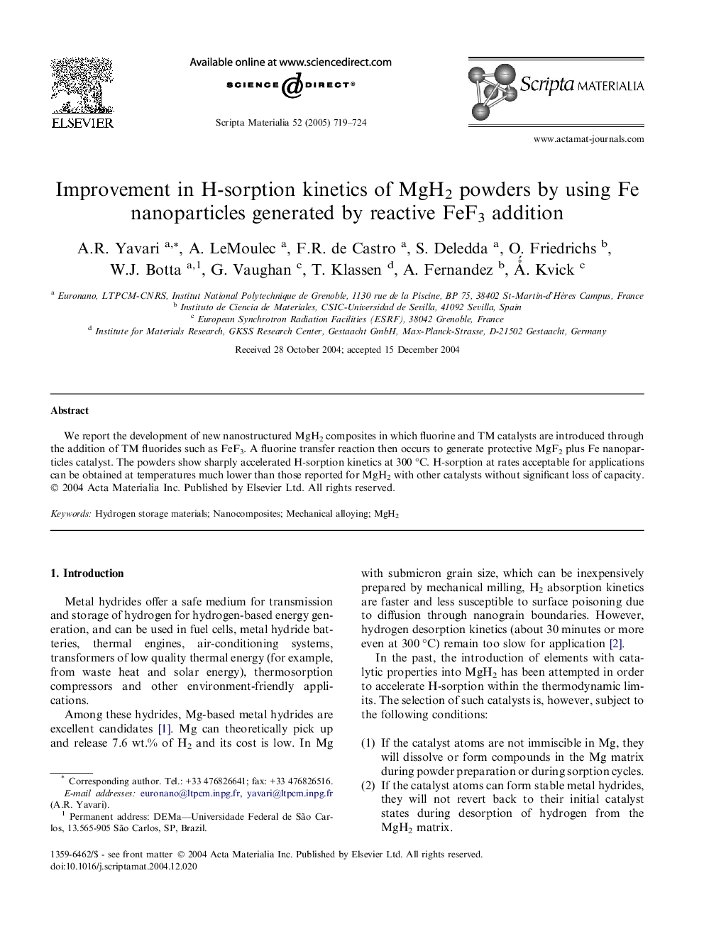 Improvement in H-sorption kinetics of MgH2 powders by using Fe nanoparticles generated by reactive FeF3 addition