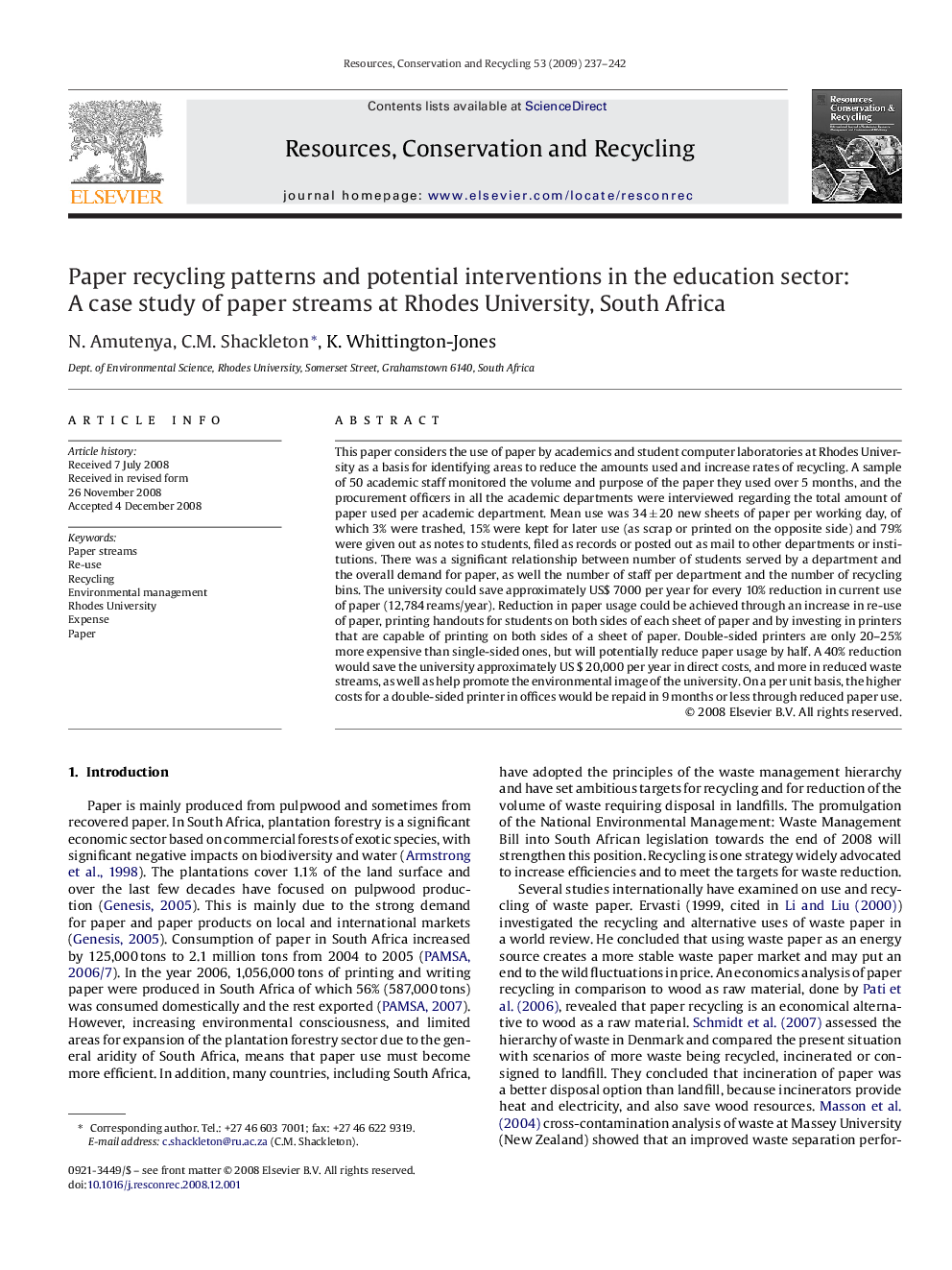 Paper recycling patterns and potential interventions in the education sector: A case study of paper streams at Rhodes University, South Africa