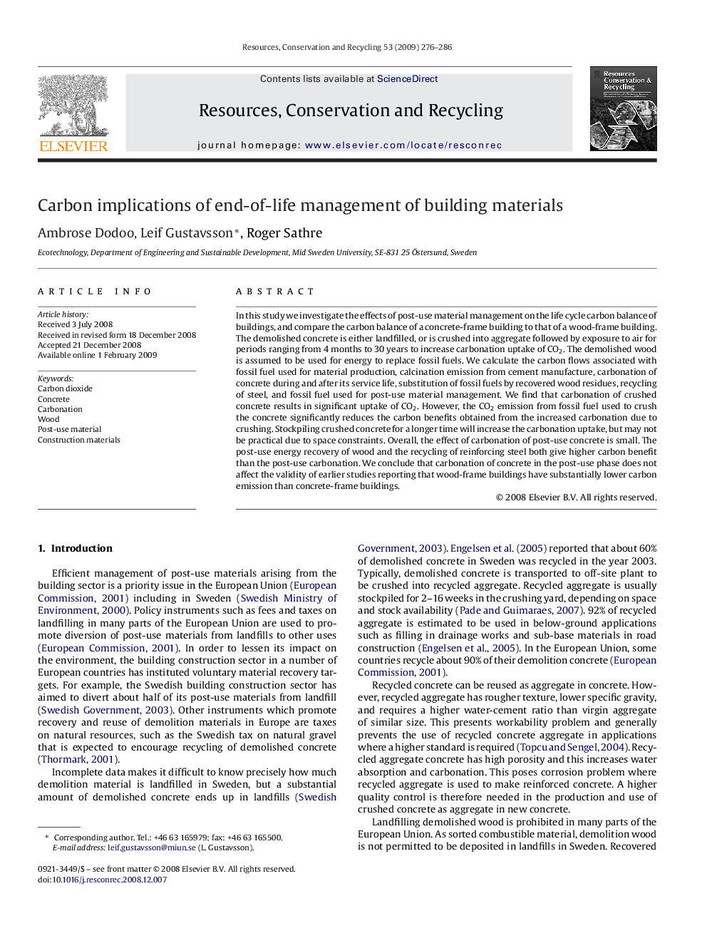 Carbon implications of end-of-life management of building materials