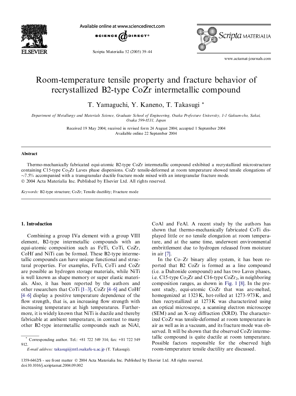 Room-temperature tensile property and fracture behavior of recrystallized B2-type CoZr intermetallic compound