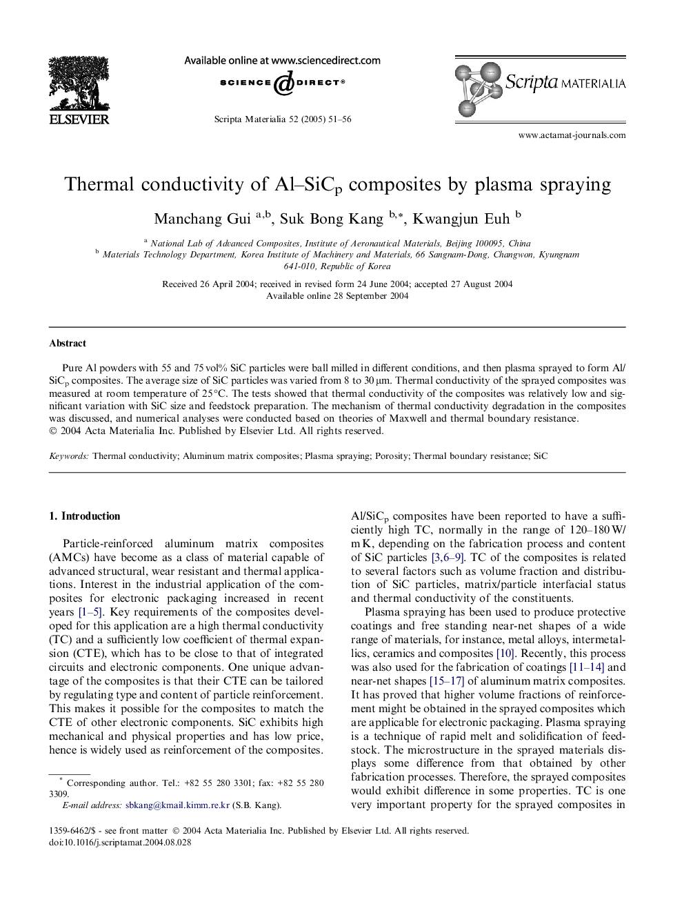 Thermal conductivity of Al-SiCp composites by plasma spraying