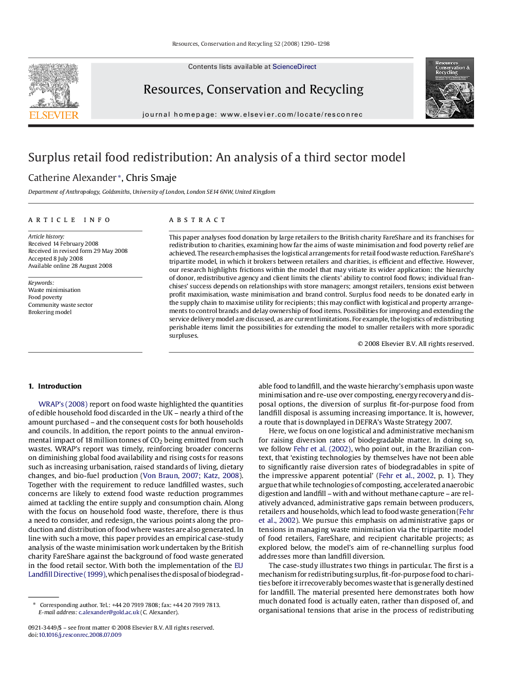 Surplus retail food redistribution: An analysis of a third sector model