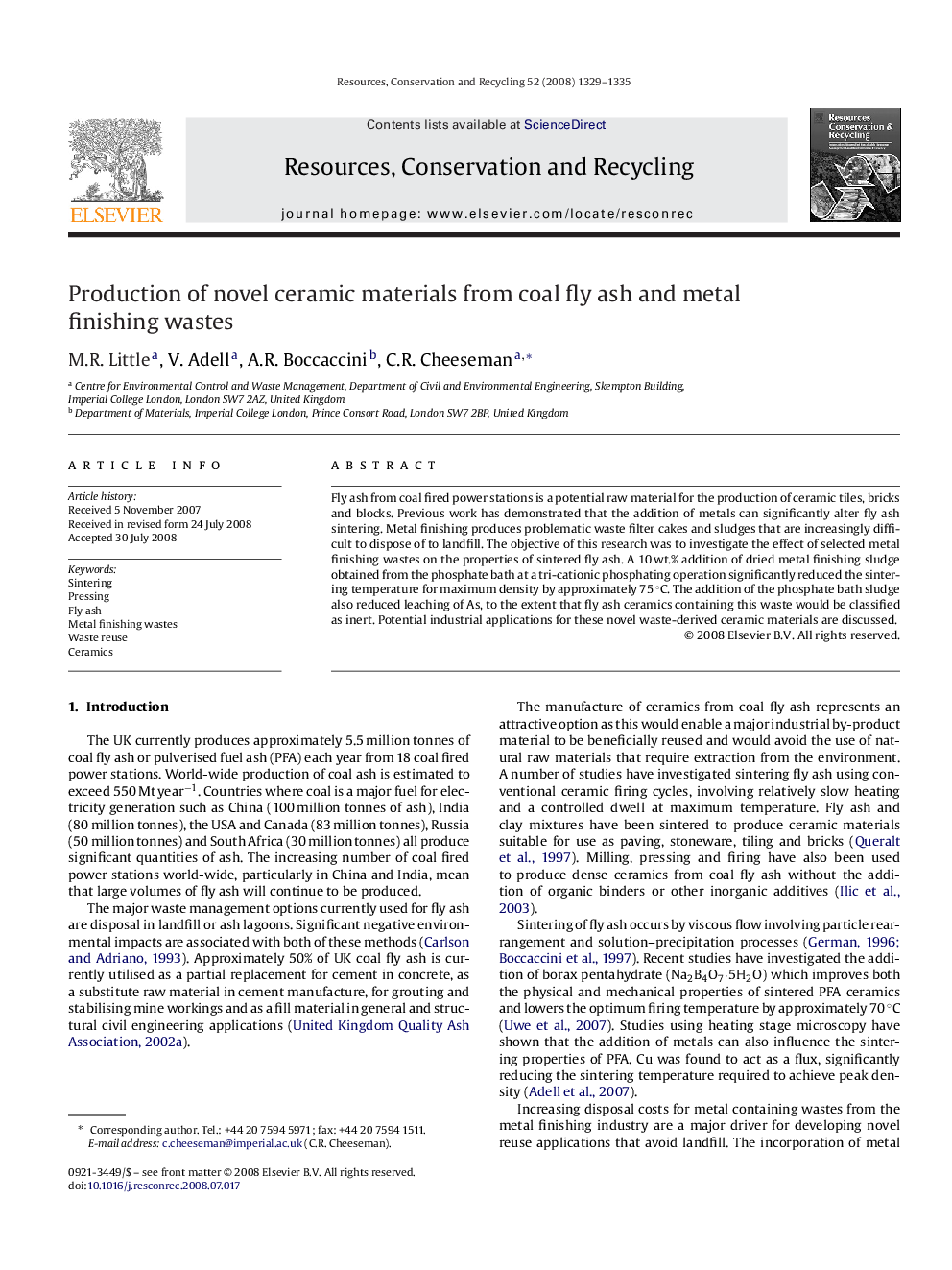 Production of novel ceramic materials from coal fly ash and metal finishing wastes