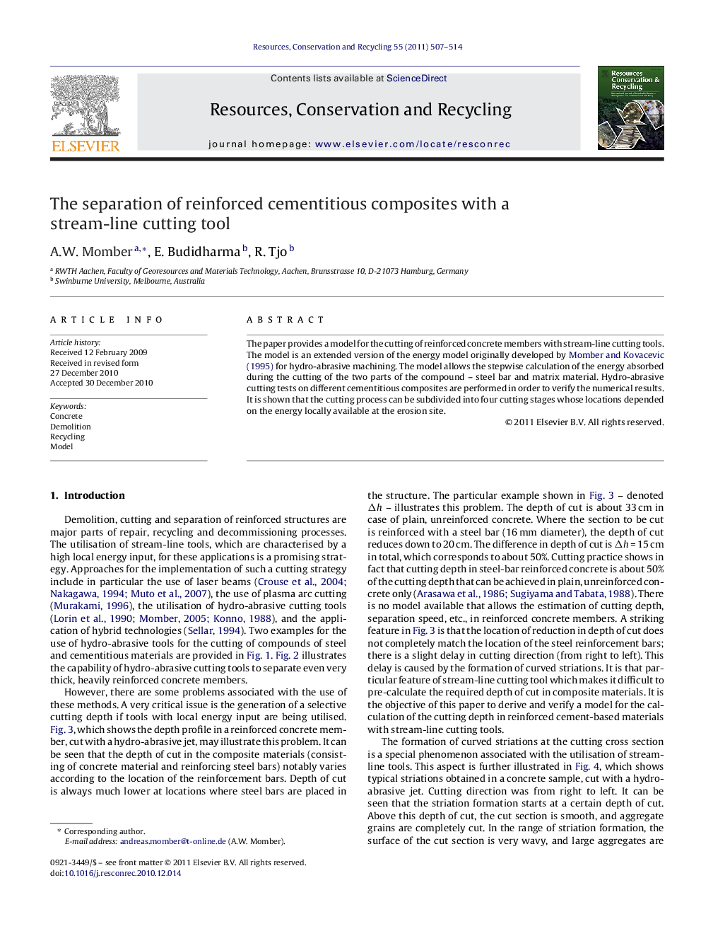 The separation of reinforced cementitious composites with a stream-line cutting tool