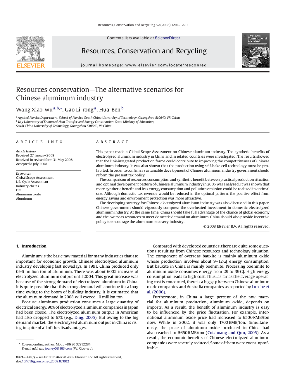 Resources conservation—The alternative scenarios for Chinese aluminum industry