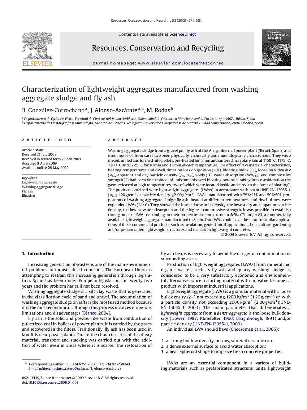 Characterization of lightweight aggregates manufactured from washing aggregate sludge and fly ash