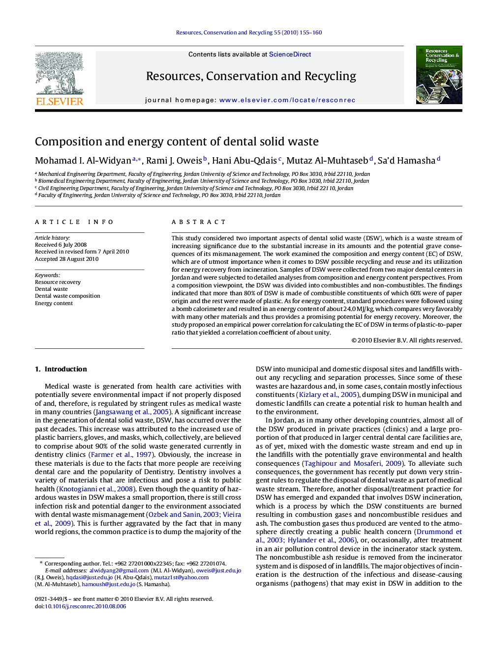 Composition and energy content of dental solid waste