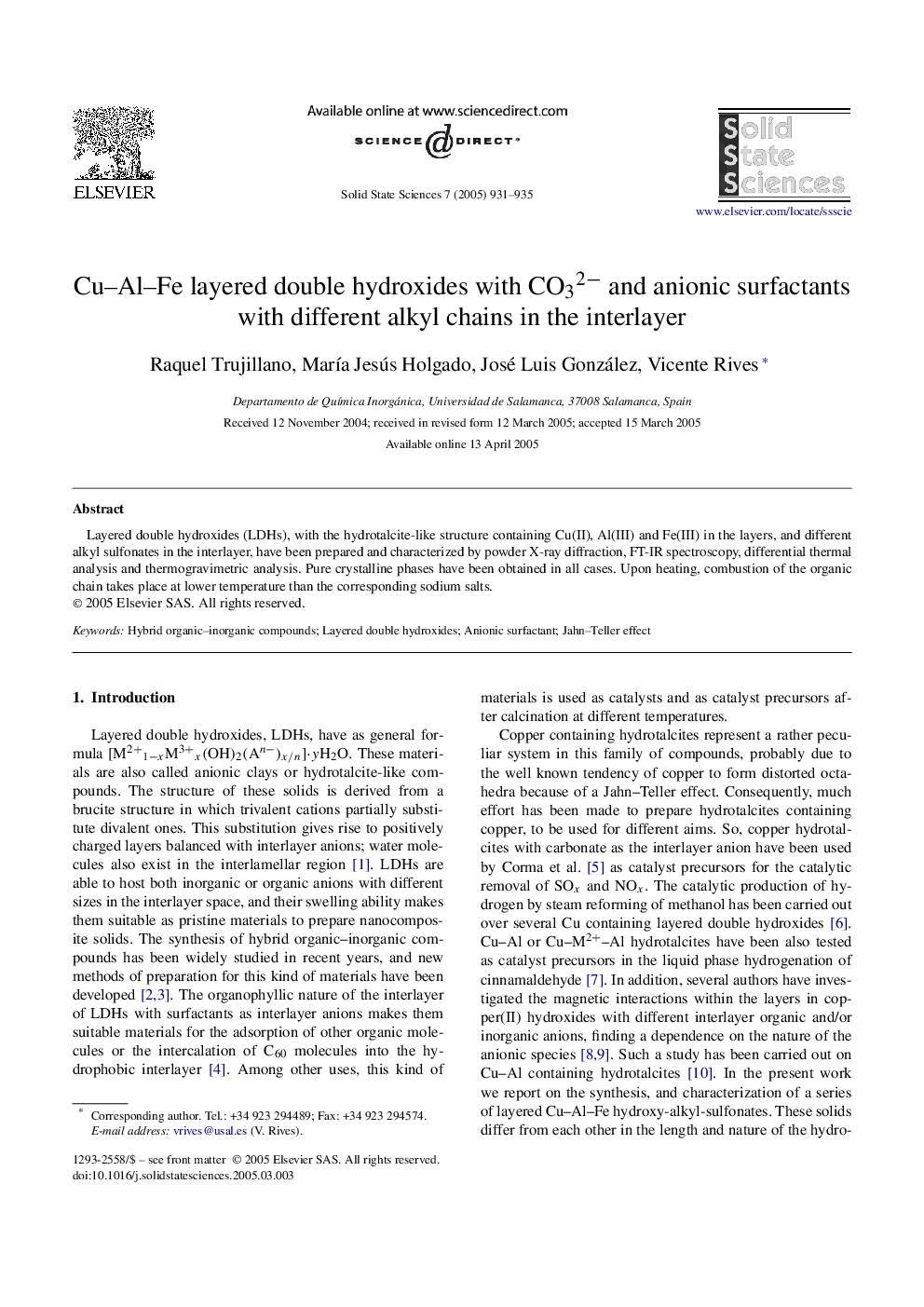 CuAlFe layered double hydroxides with CO32â and anionic surfactants with different alkyl chains in the interlayer