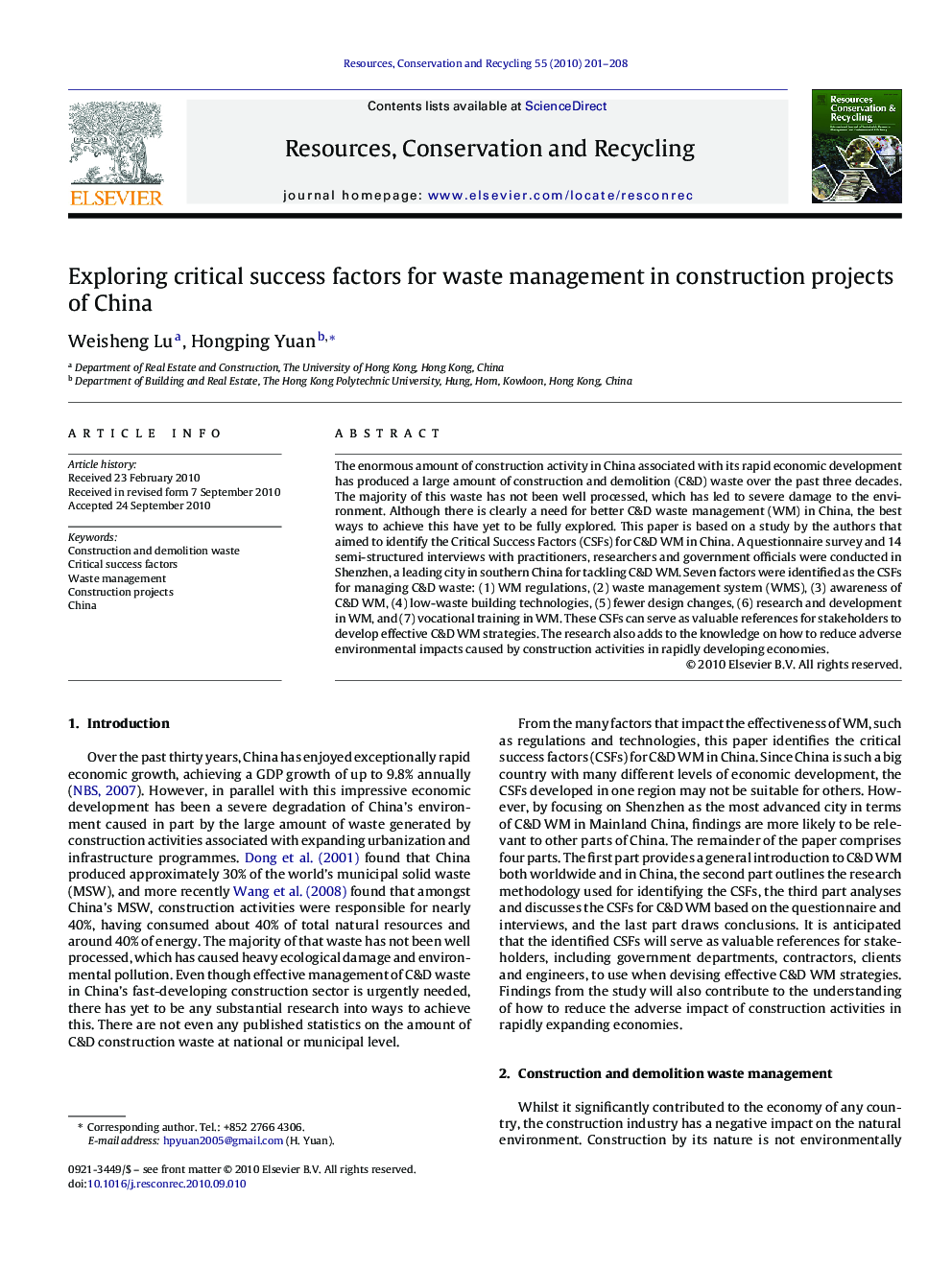 Exploring critical success factors for waste management in construction projects of China