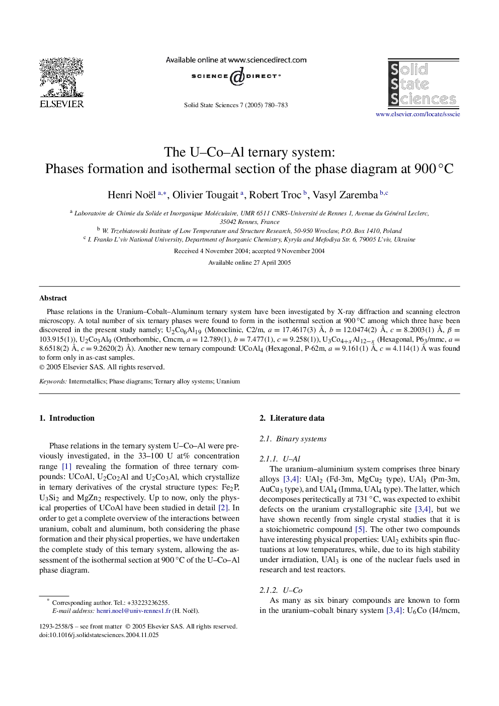 The UCoAl ternary system: Phases formation and isothermal section of the phase diagram at 900âÂ°C