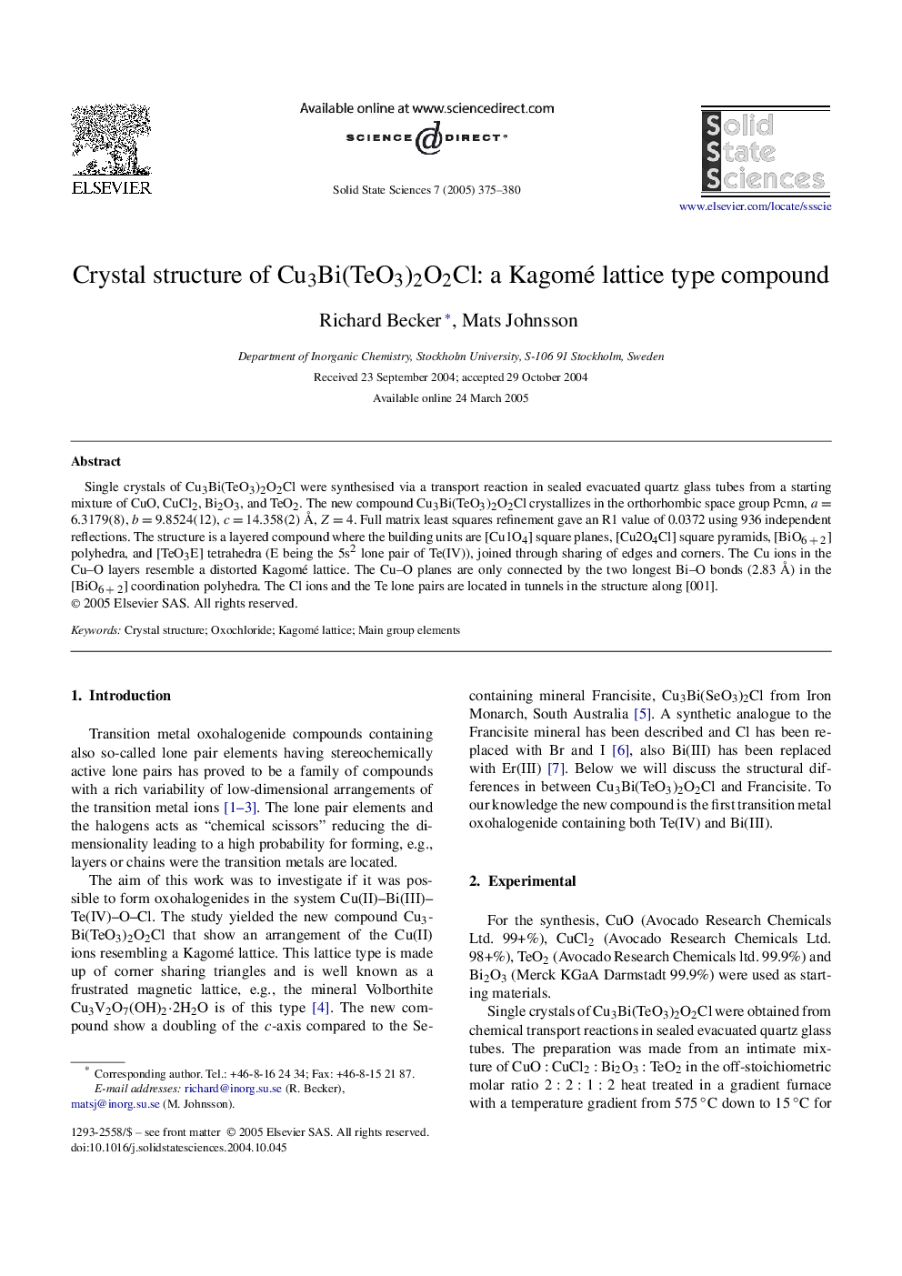 Crystal structure of Cu3Bi(TeO3)2O2Cl: a Kagomé lattice type compound