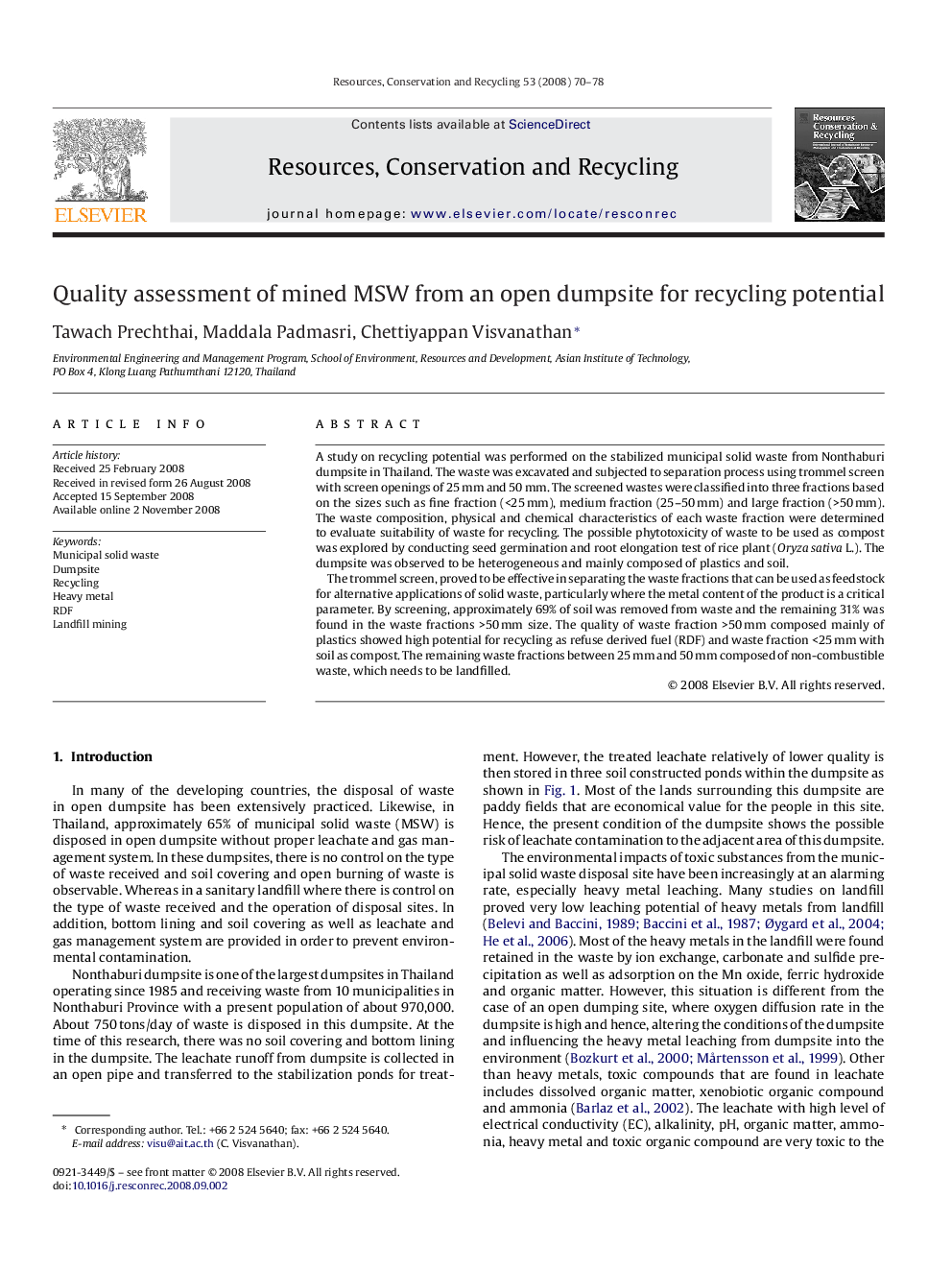 Quality assessment of mined MSW from an open dumpsite for recycling potential