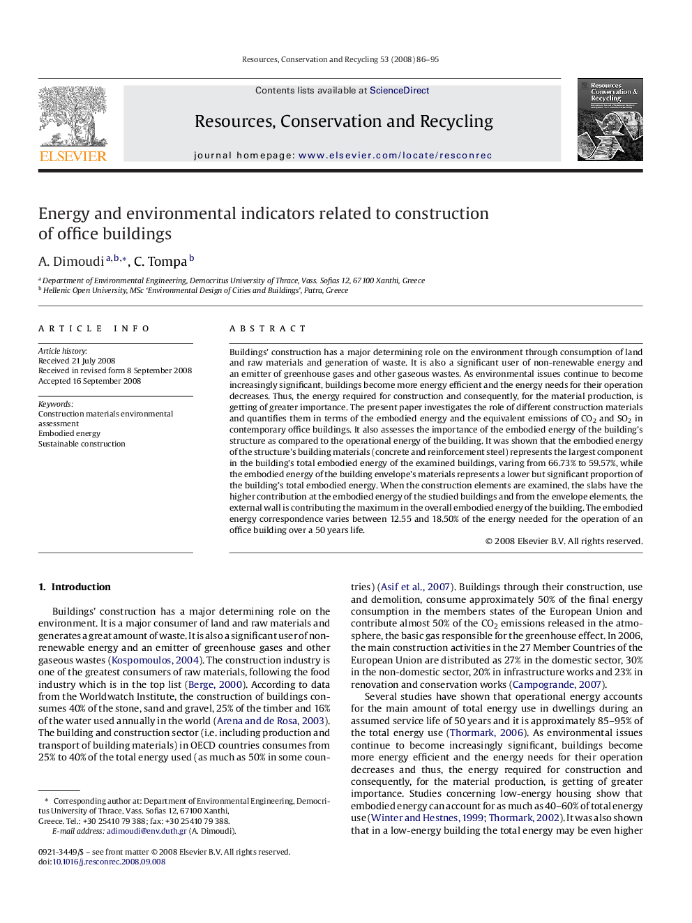 Energy and environmental indicators related to construction of office buildings