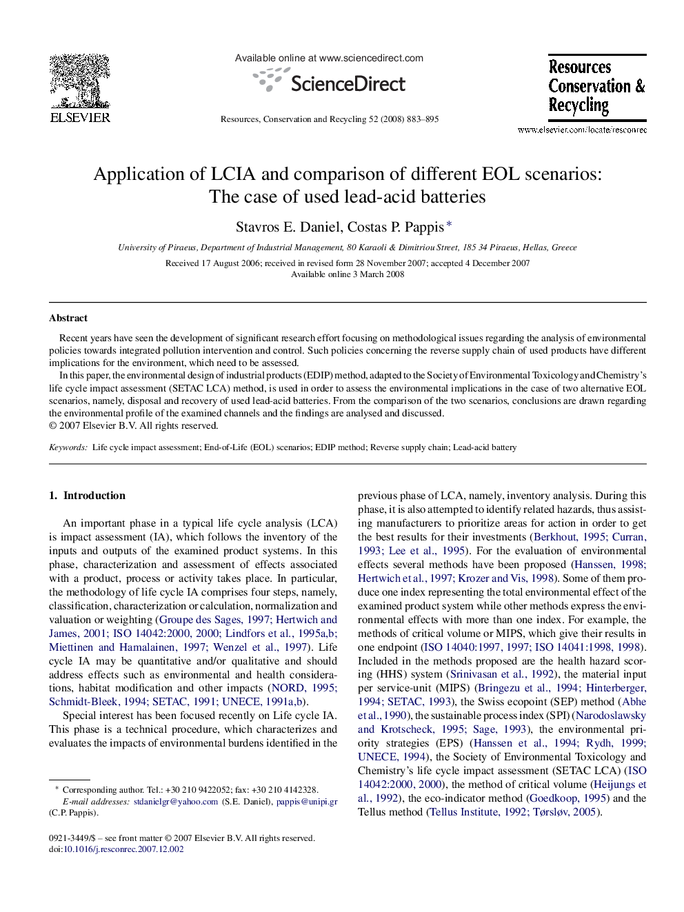 Application of LCIA and comparison of different EOL scenarios: The case of used lead-acid batteries