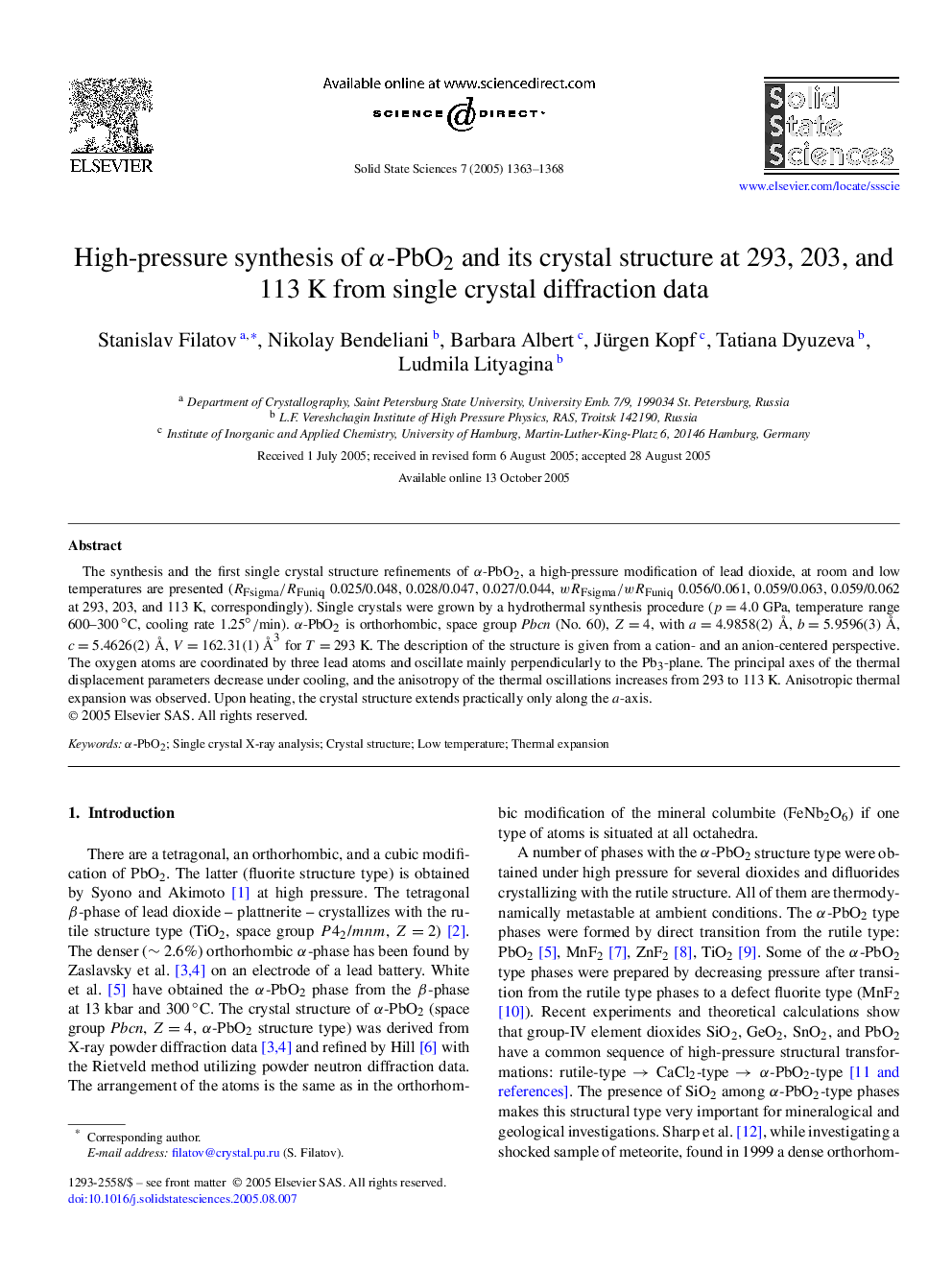 High-pressure synthesis of Î±-PbO2 and its crystal structure at 293, 203, and 113 K from single crystal diffraction data