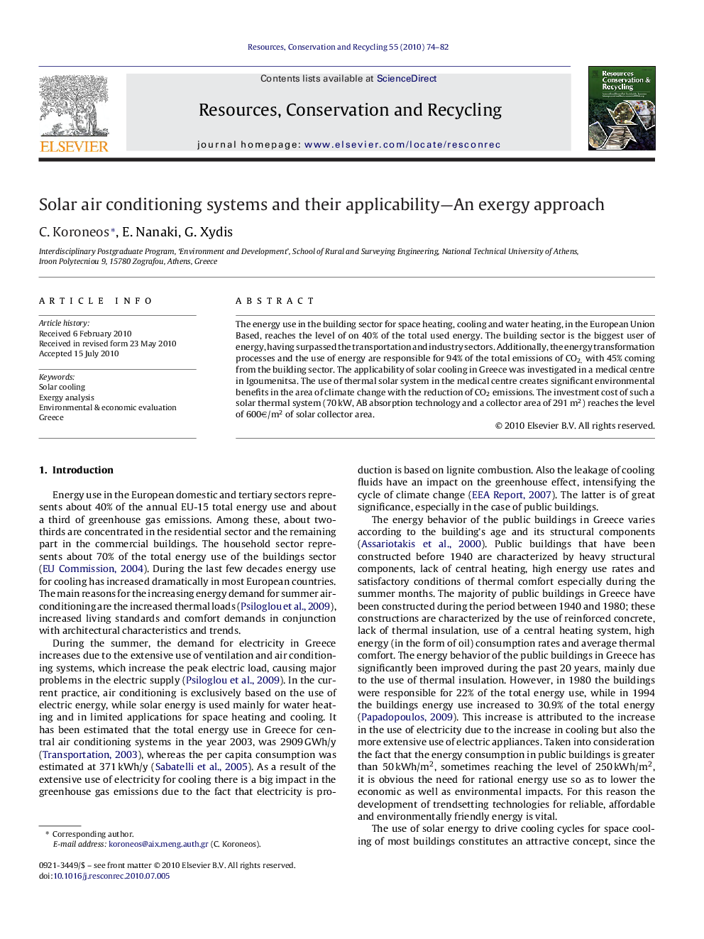 Solar air conditioning systems and their applicability—An exergy approach