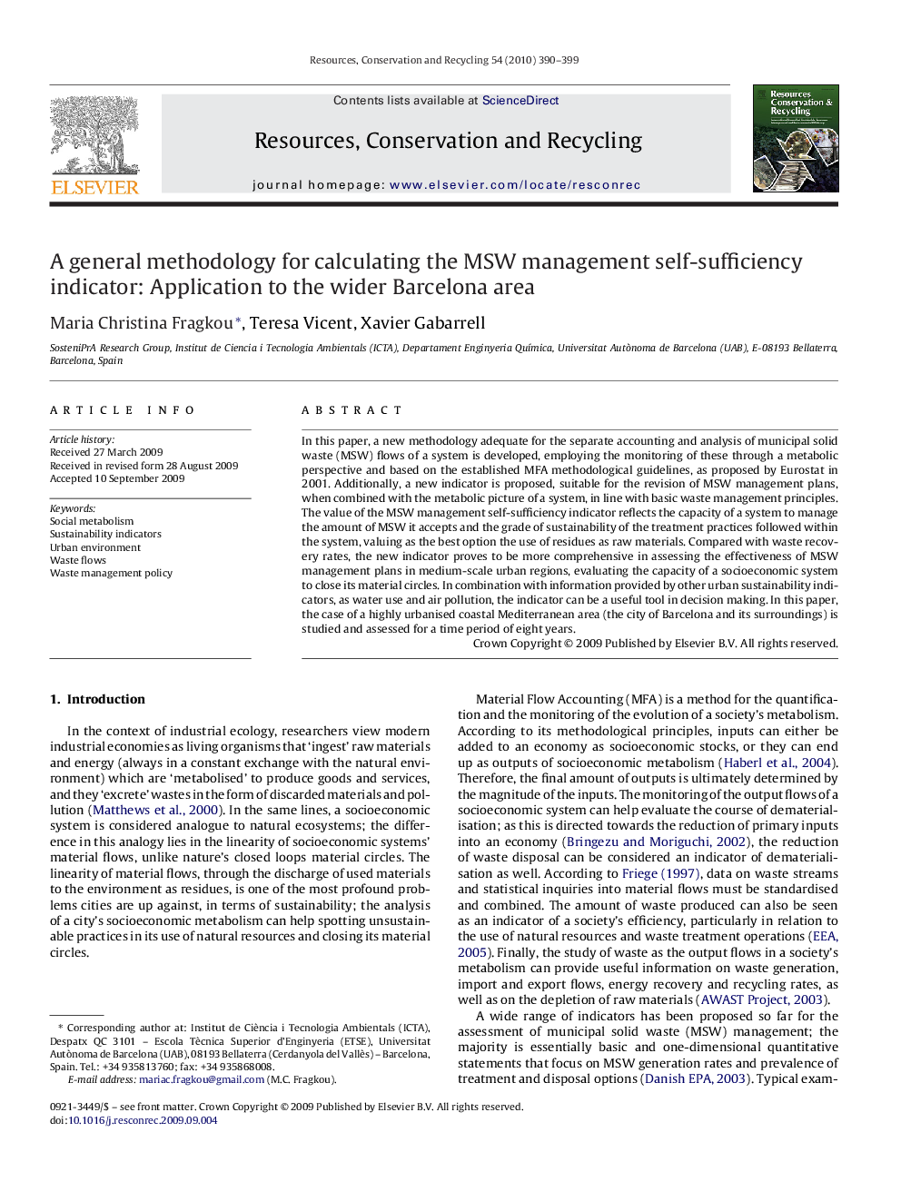 A general methodology for calculating the MSW management self-sufficiency indicator: Application to the wider Barcelona area