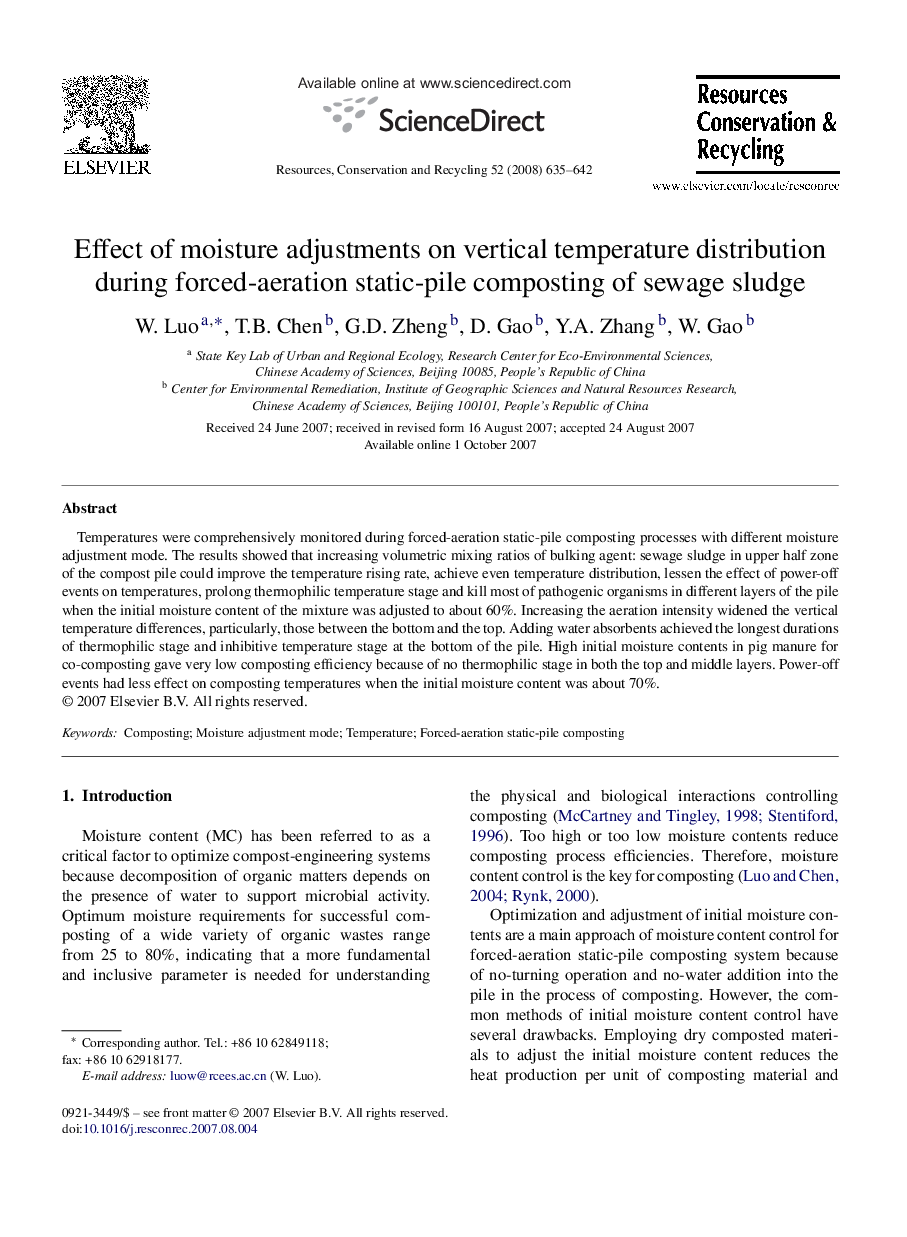 Effect of moisture adjustments on vertical temperature distribution during forced-aeration static-pile composting of sewage sludge