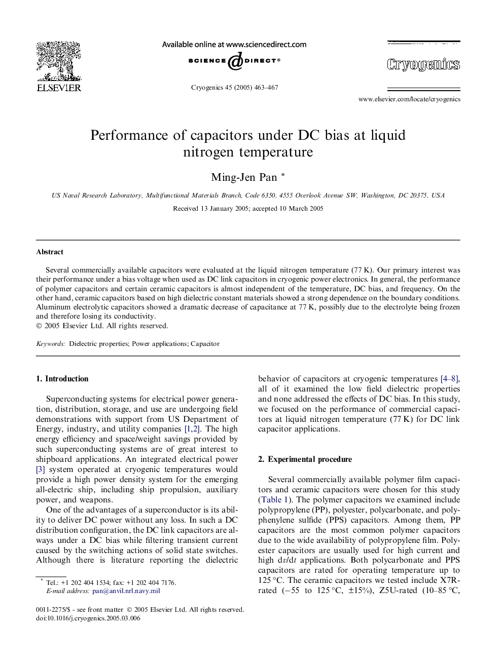 عکس صفحه اول مقاله: Performance of capacitors under DC bias at liquid nitrogen temperature Performance of capacitors under DC bias at liquid nitrogen temperature