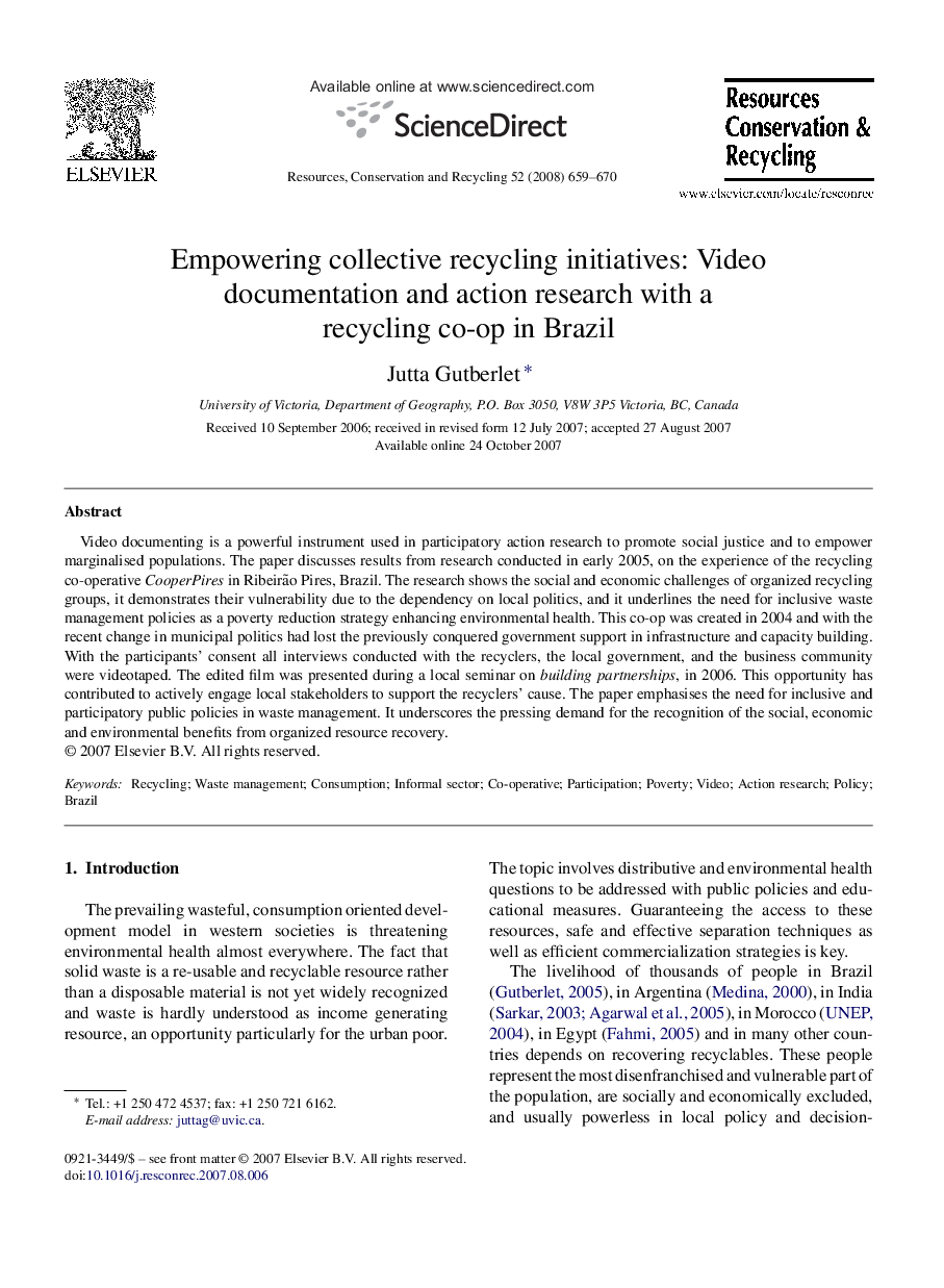 Empowering collective recycling initiatives: Video documentation and action research with a recycling co-op in Brazil