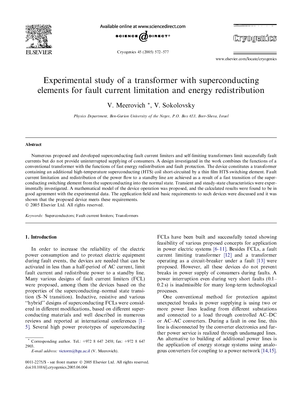 Experimental study of a transformer with superconducting elements for fault current limitation and energy redistribution