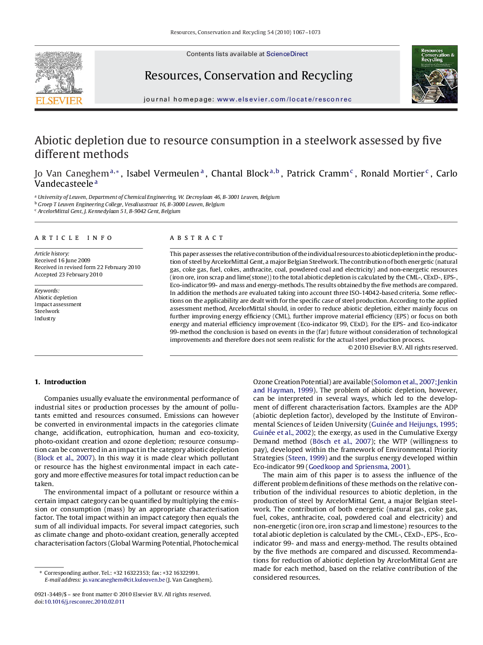 Abiotic depletion due to resource consumption in a steelwork assessed by five different methods