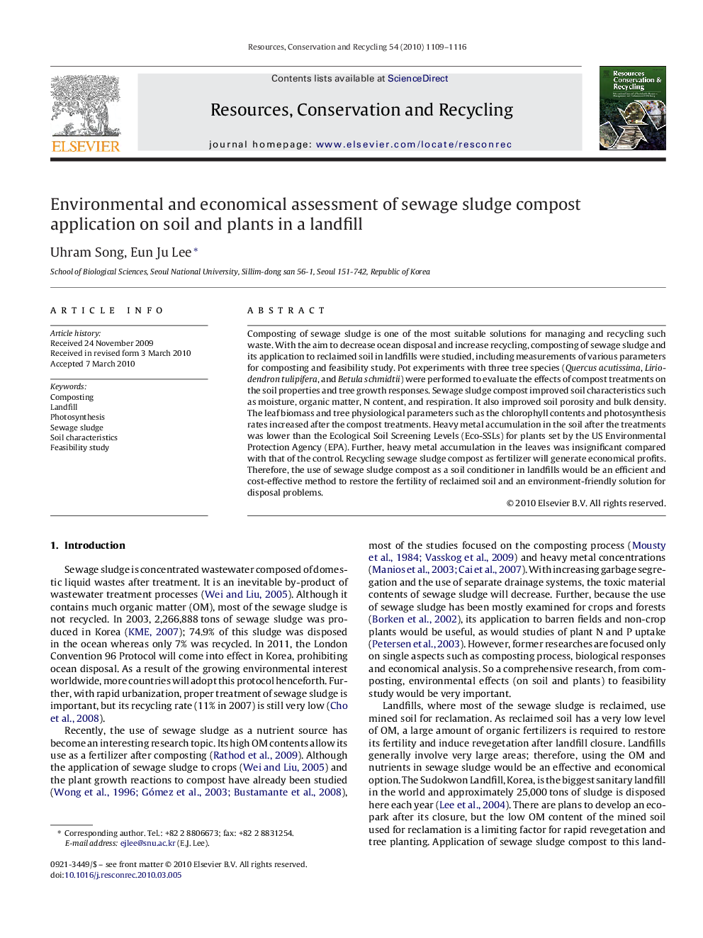 Environmental and economical assessment of sewage sludge compost application on soil and plants in a landfill