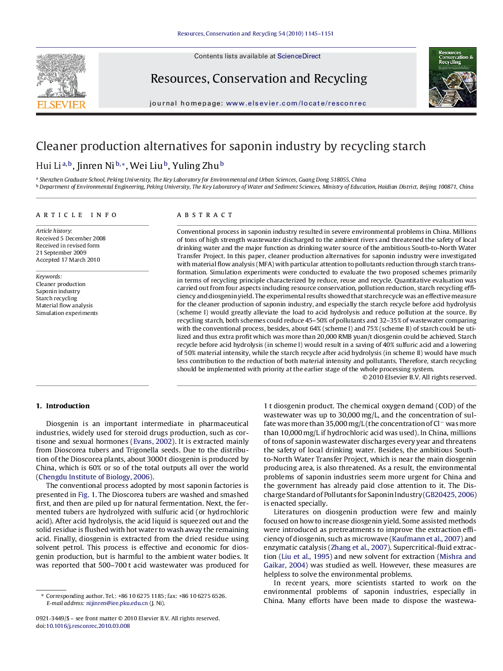 Cleaner production alternatives for saponin industry by recycling starch