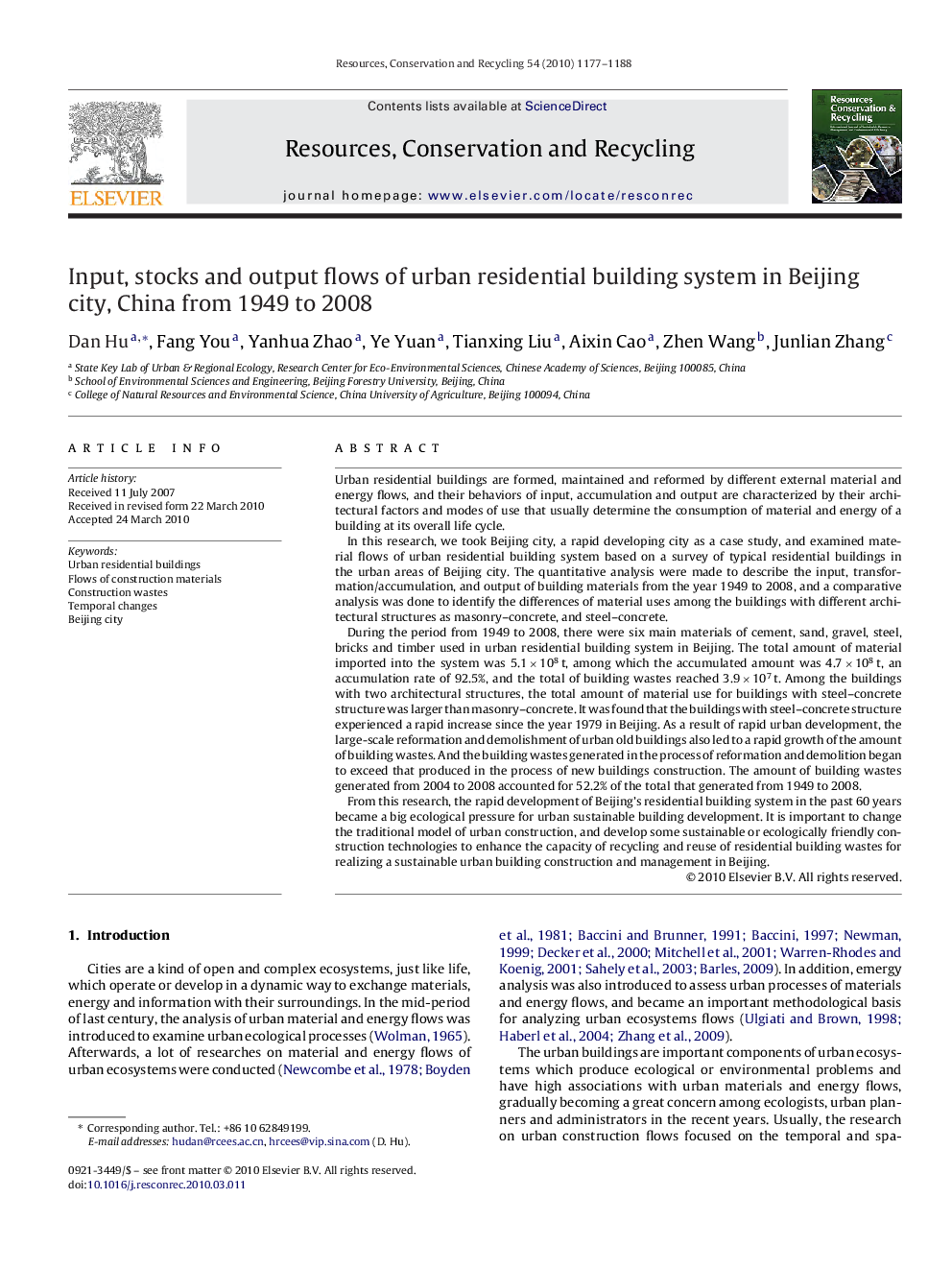 Input, stocks and output flows of urban residential building system in Beijing city, China from 1949 to 2008