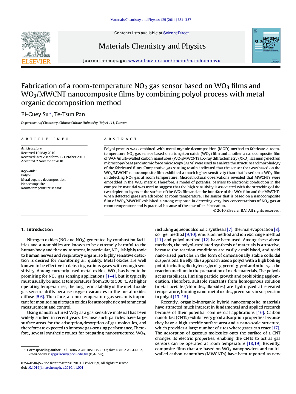 Fabrication of a room-temperature NO2 gas sensor based on WO3 films and WO3/MWCNT nanocomposite films by combining polyol process with metal organic decomposition method