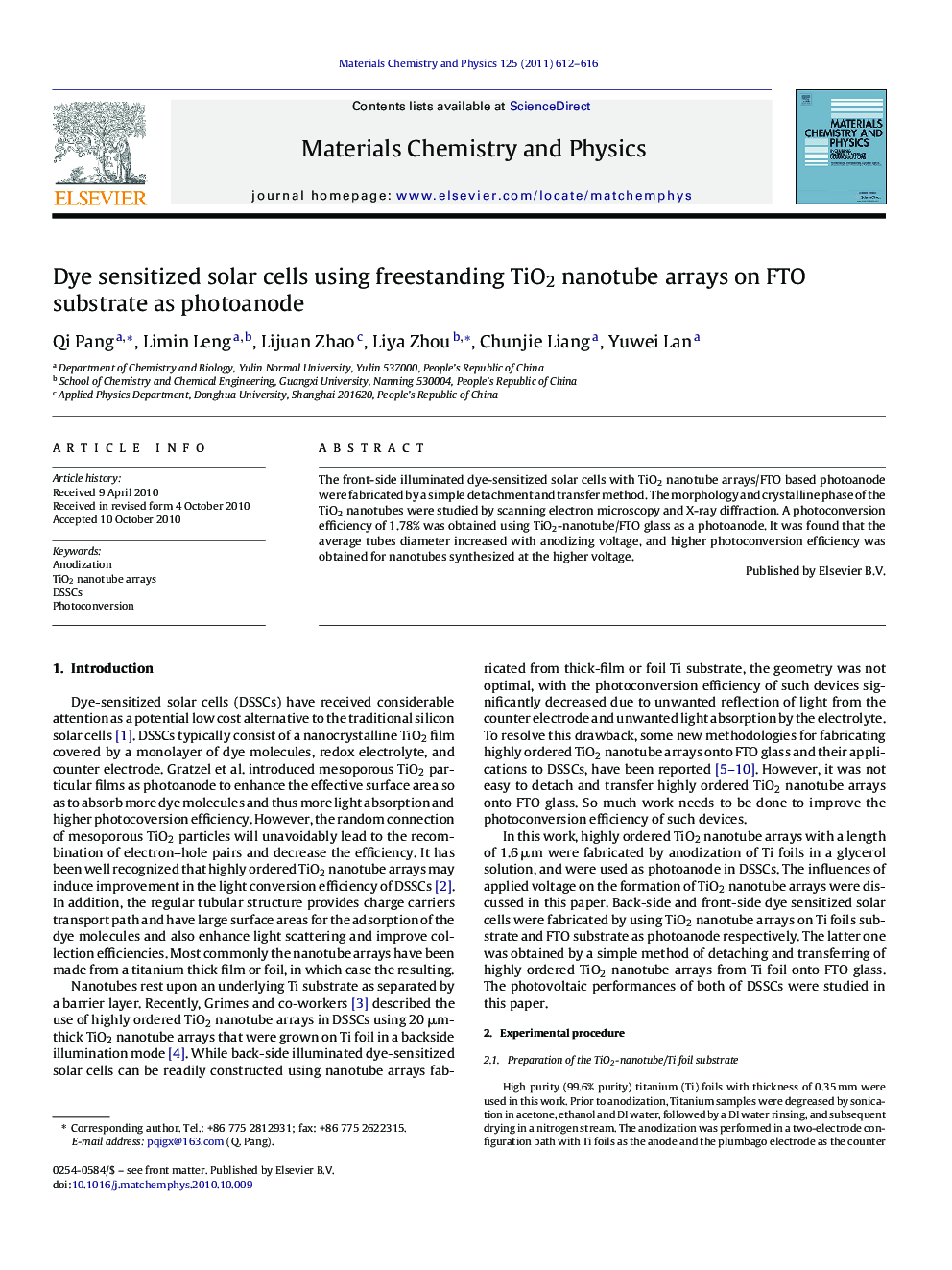 Dye sensitized solar cells using freestanding TiO2 nanotube arrays on FTO substrate as photoanode