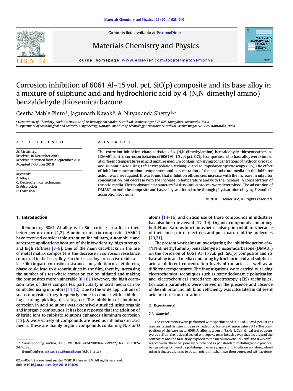 Corrosion inhibition of 6061 Al-15Â vol. pct. SiC(p) composite and its base alloy in a mixture of sulphuric acid and hydrochloric acid by 4-(N,N-dimethyl amino) benzaldehyde thiosemicarbazone