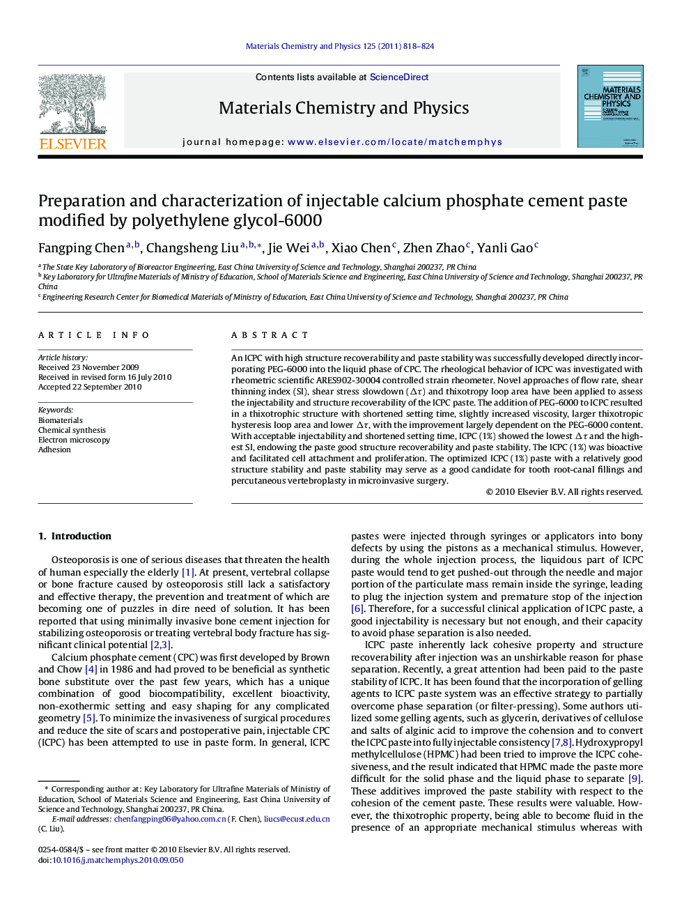 Preparation and characterization of injectable calcium phosphate cement paste modified by polyethylene glycol-6000
