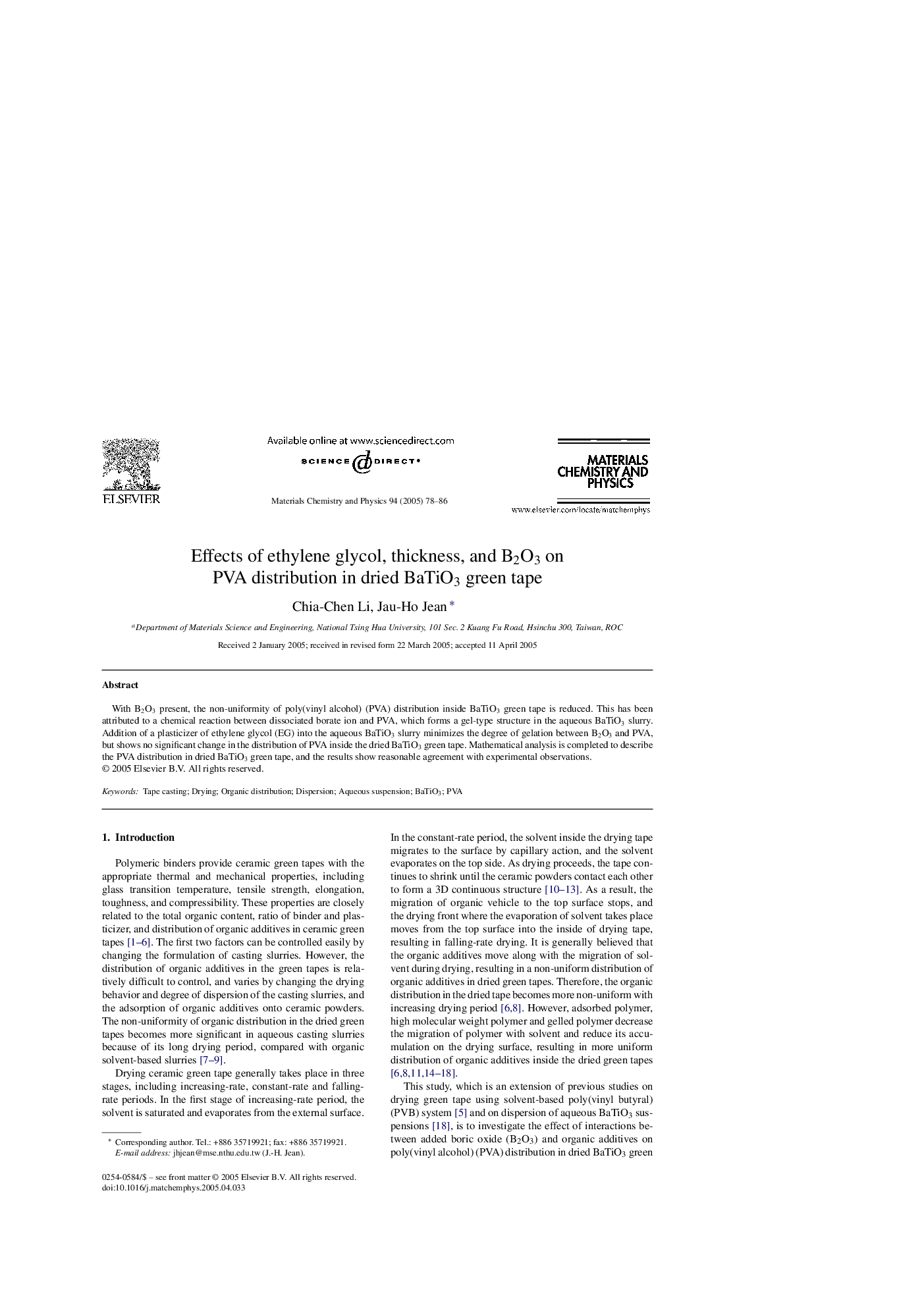 Effects of ethylene glycol, thickness, and B2O3 on PVA distribution in dried BaTiO3 green tape