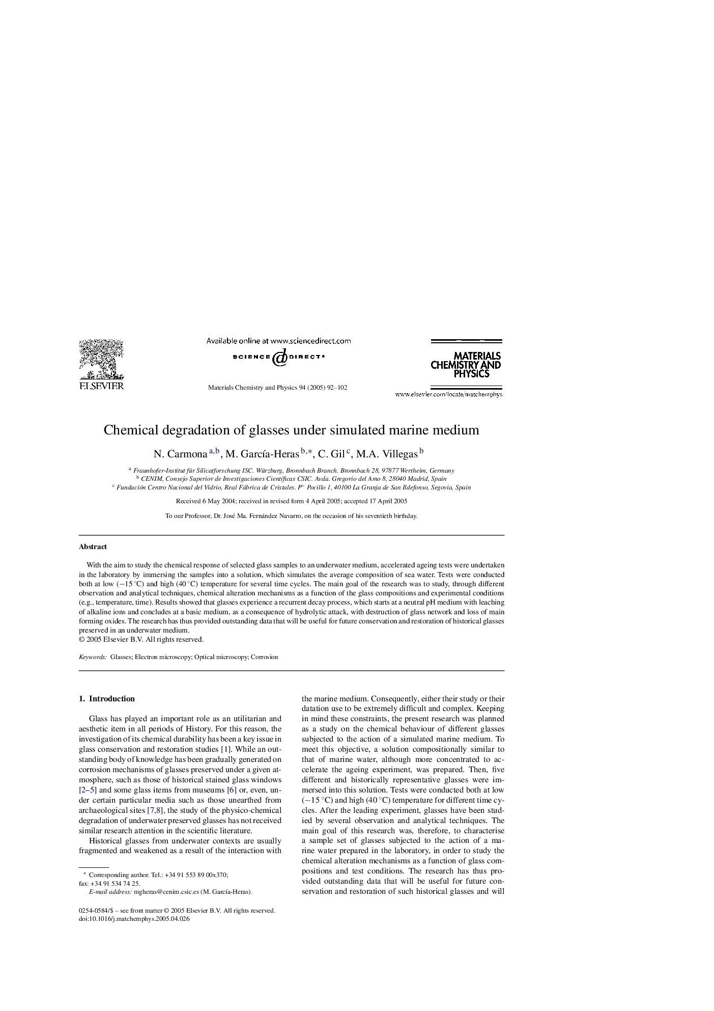 Chemical degradation of glasses under simulated marine medium