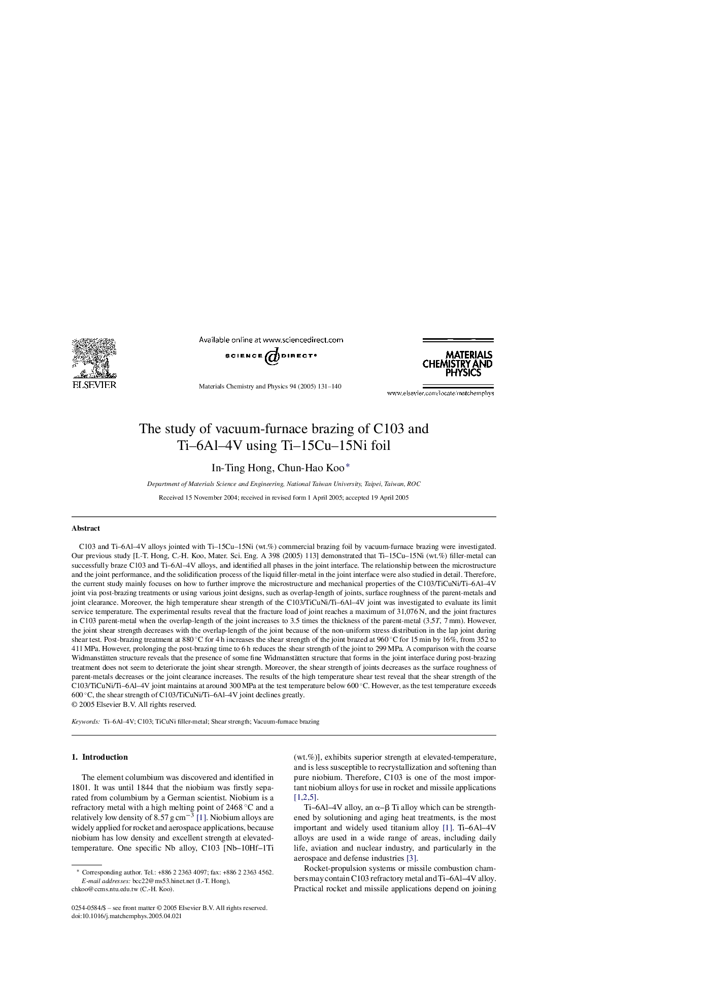 The study of vacuum-furnace brazing of C103 and Ti-6Al-4V using Ti-15Cu-15Ni foil