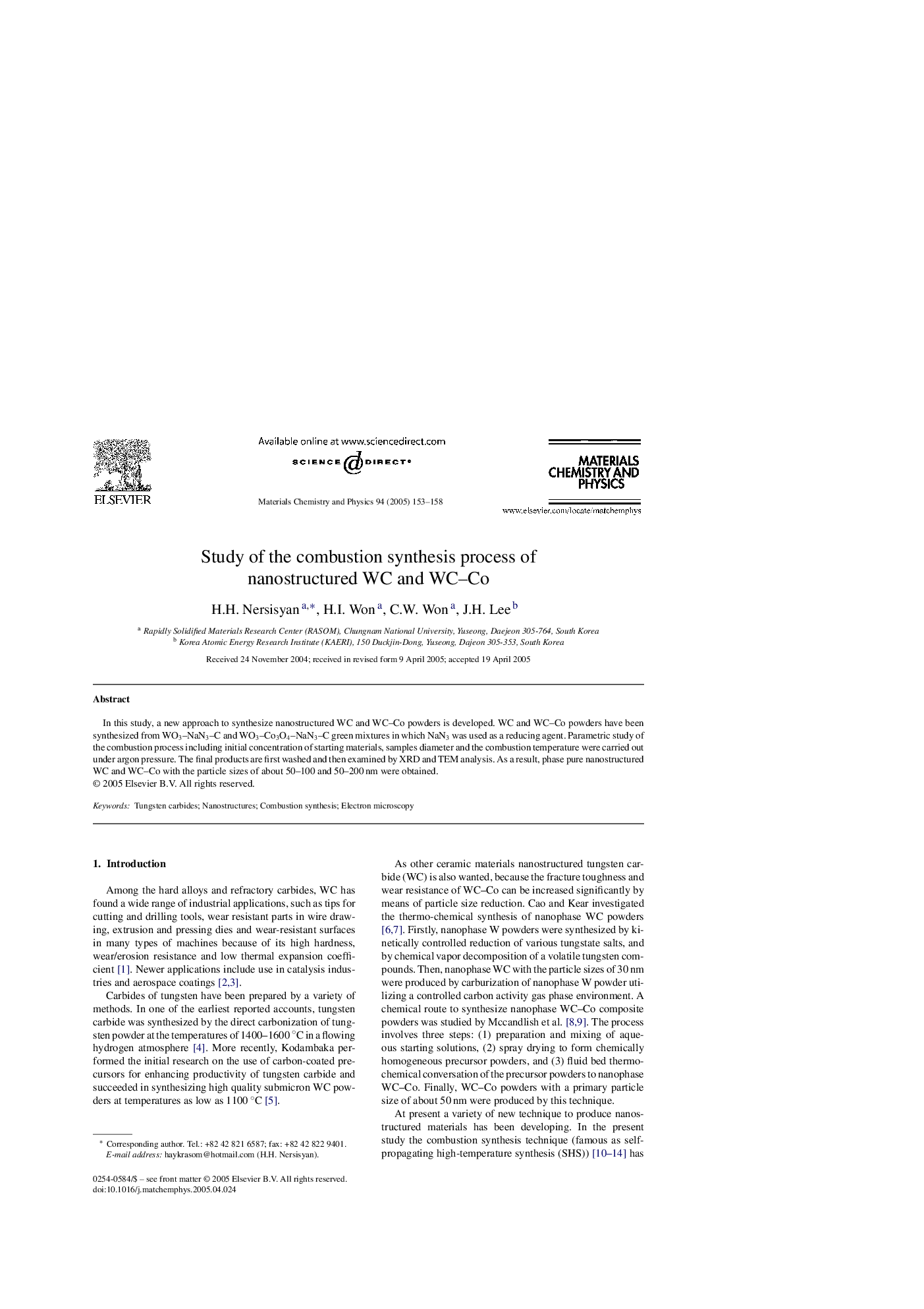 Study of the combustion synthesis process of nanostructured WC and WC-Co