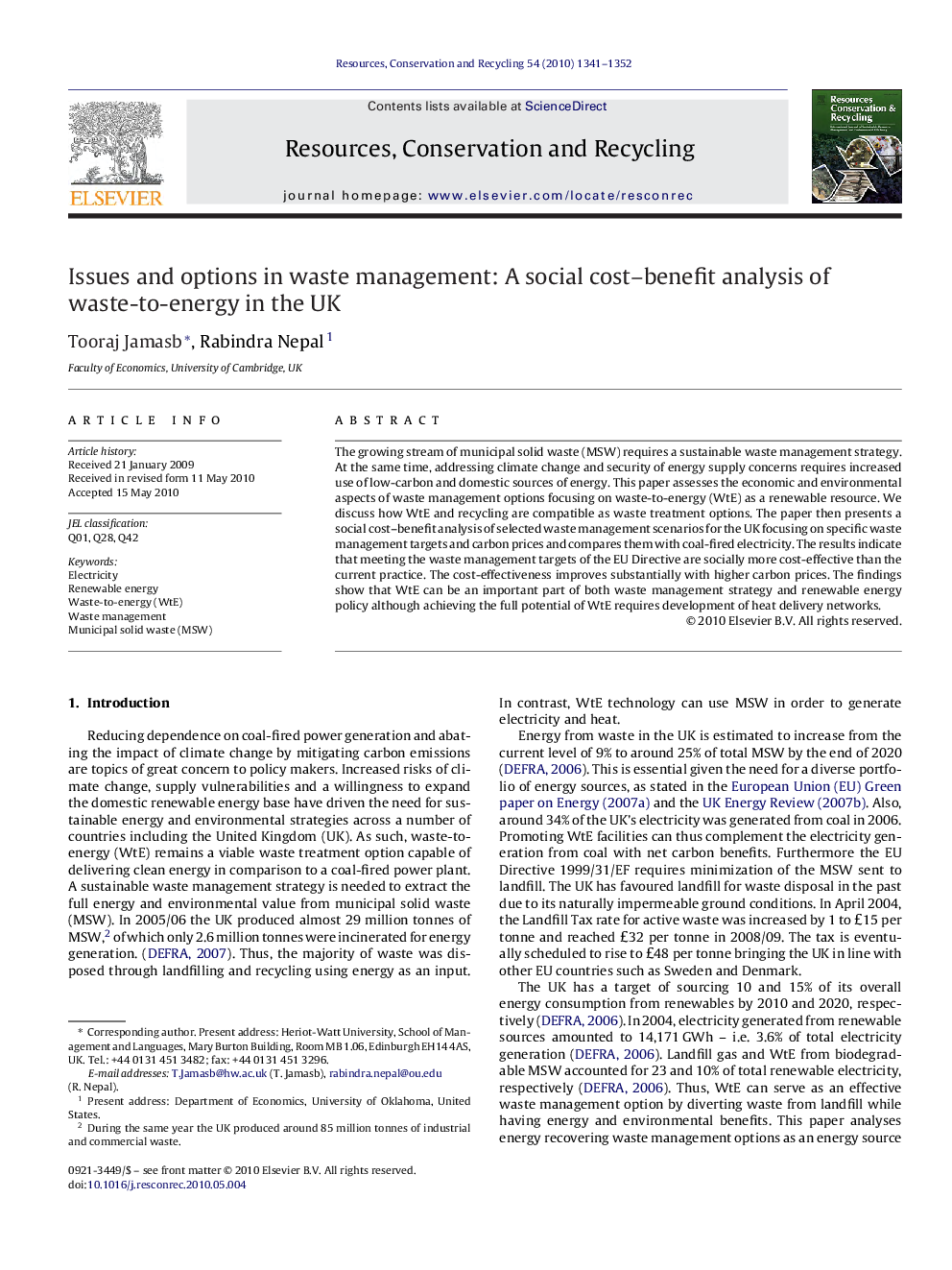 Issues and options in waste management: A social cost–benefit analysis of waste-to-energy in the UK