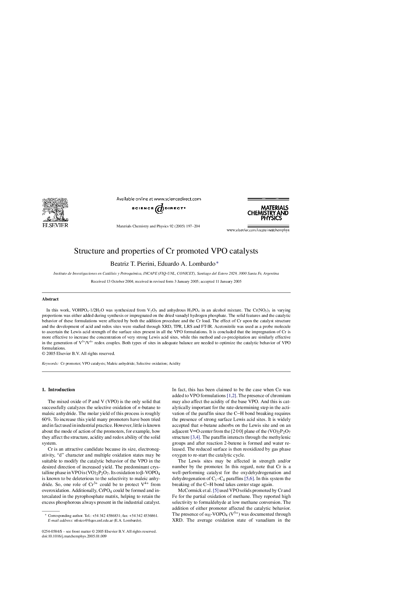 Structure and properties of Cr promoted VPO catalysts