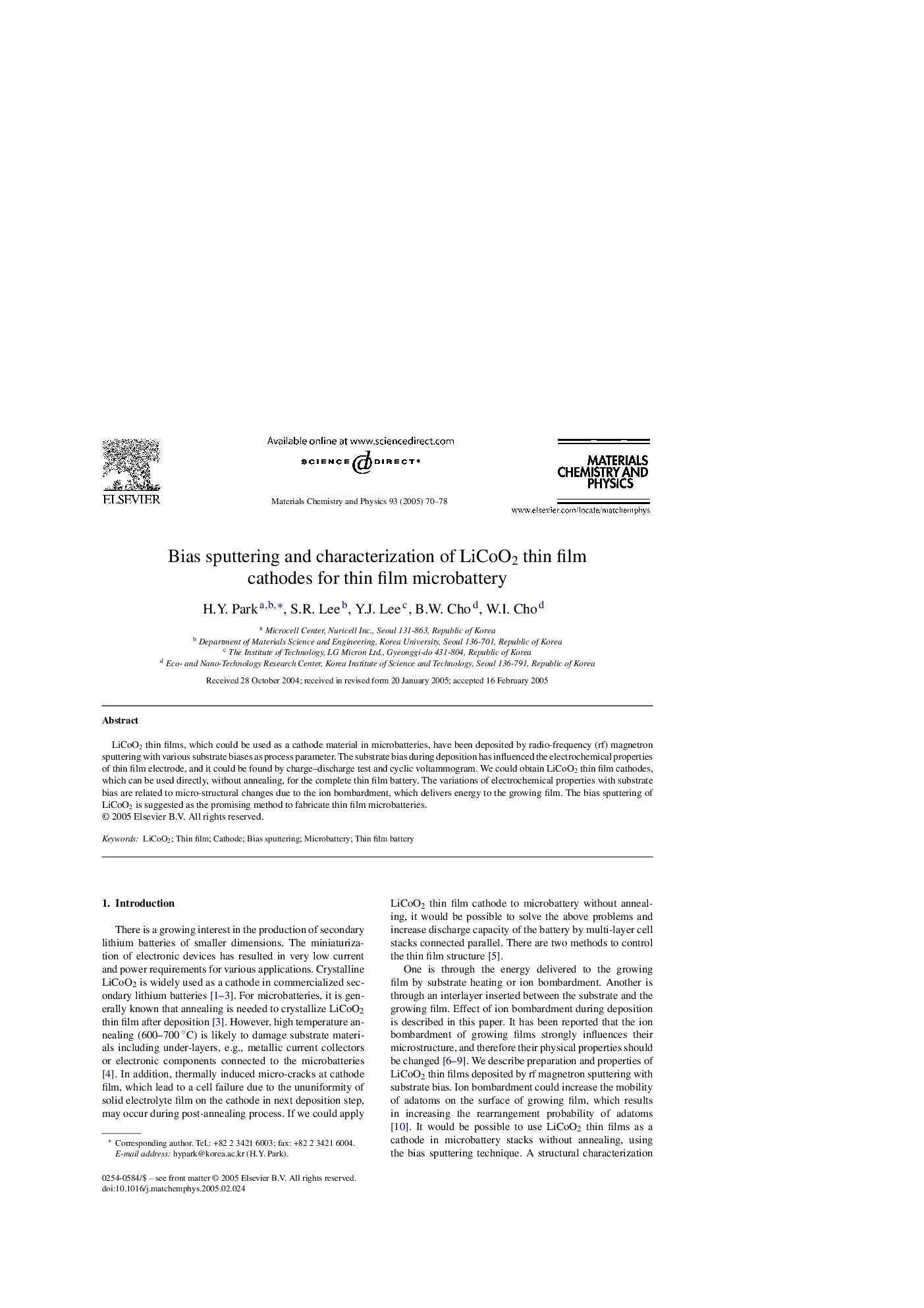 Bias sputtering and characterization of LiCoO2 thin film cathodes for thin film microbattery