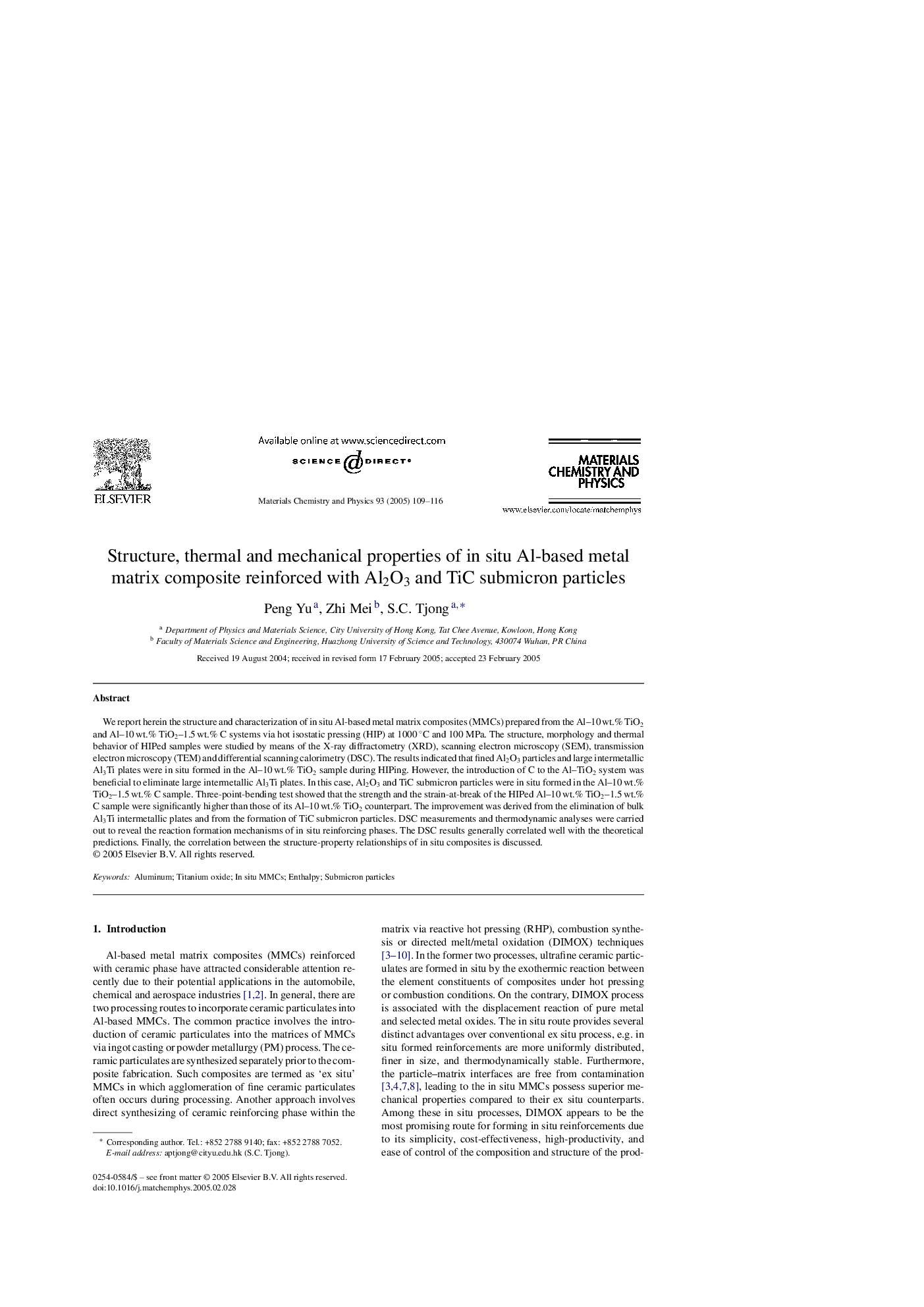 Structure, thermal and mechanical properties of in situ Al-based metal matrix composite reinforced with Al2O3 and TiC submicron particles